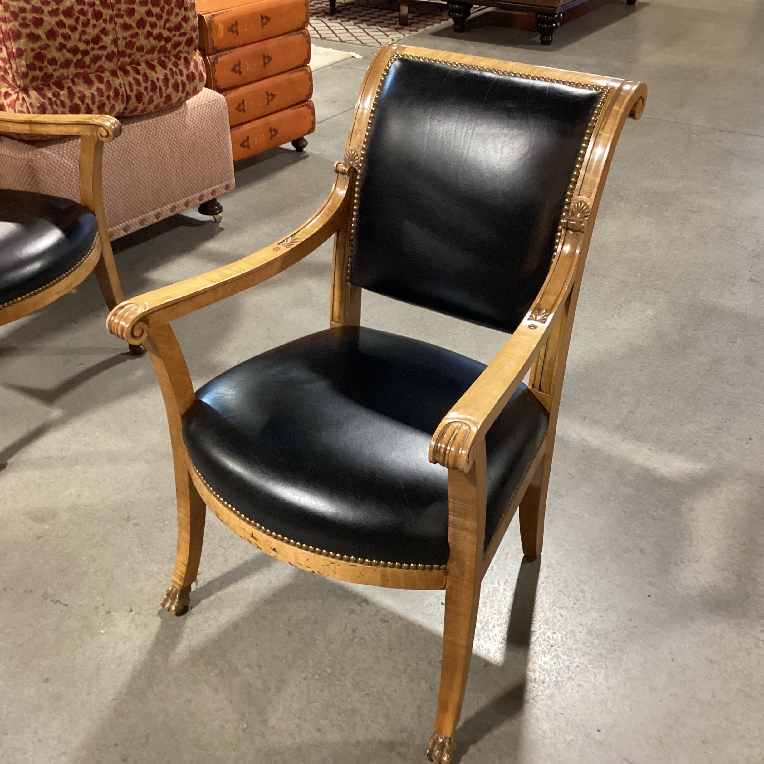 Brustlin Workshop Ornate Carved Wood Black Leather Nailhead Chair 25"x 28"x 35.5"