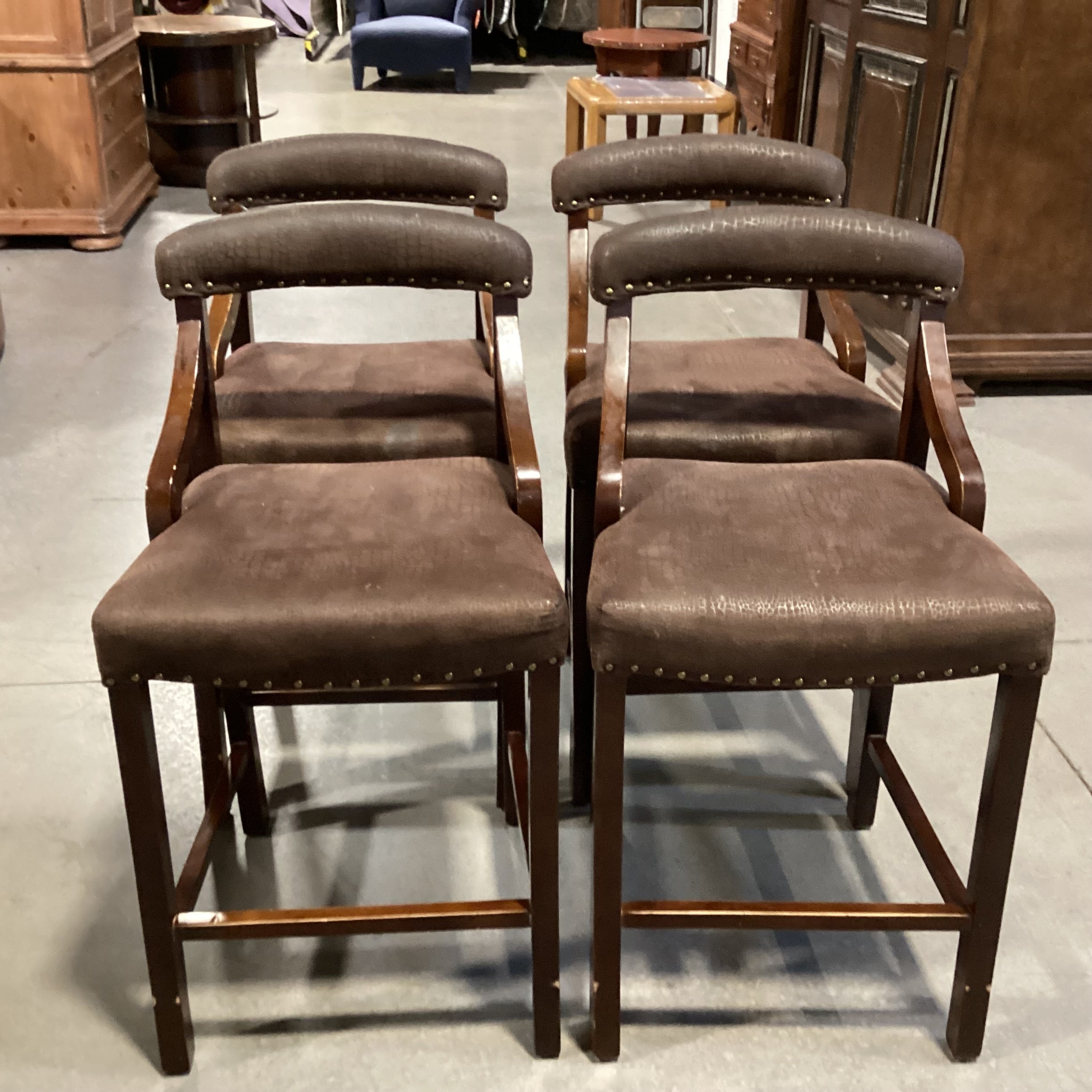 SET of 4 Pier 1 Imports Wood & Croc Style Micro Suede with Nailhead Barstools 26"