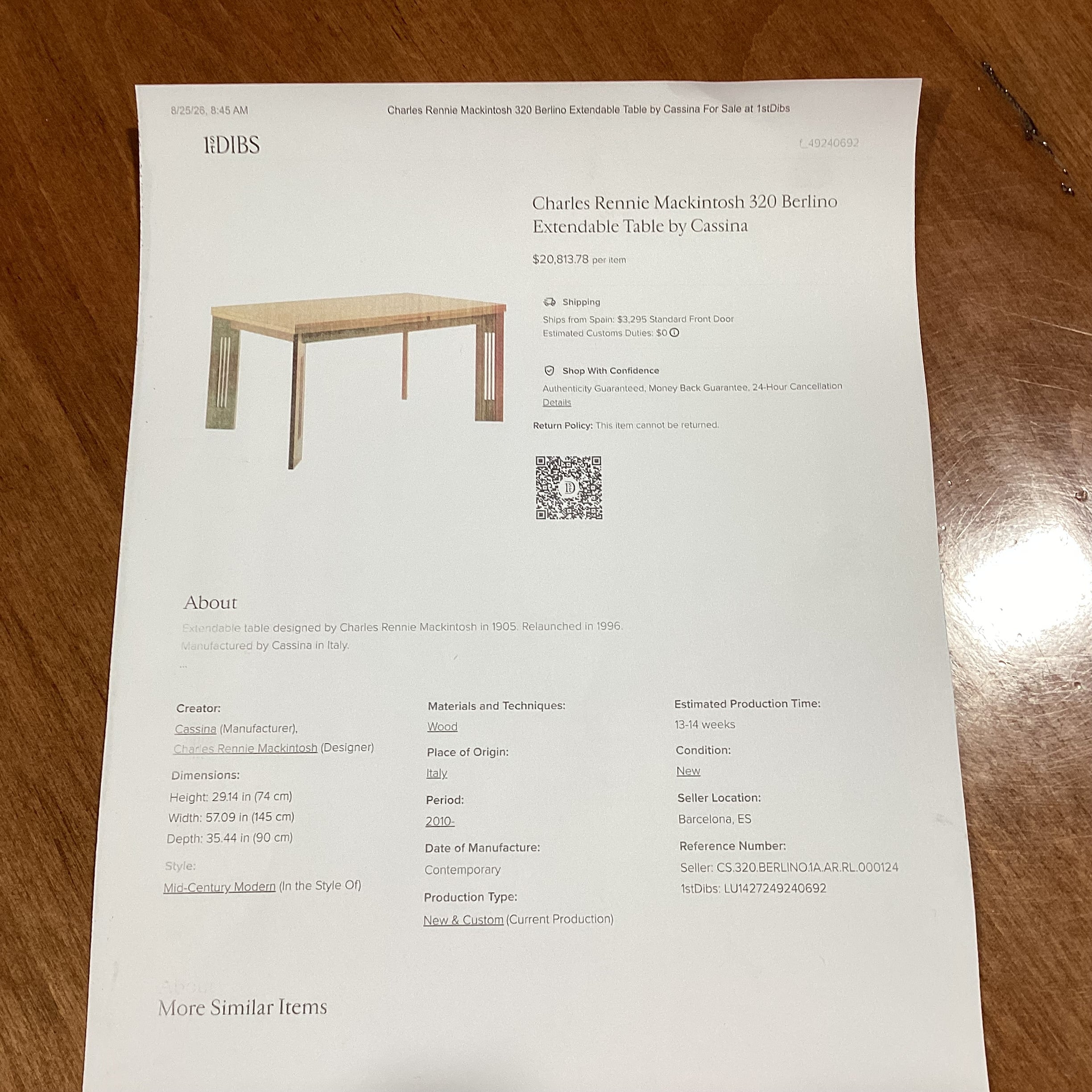 C R Mackintosh by Cassina Berlino Extendable Dining Table 57" to 104.5"x 35.5"x 29.5"