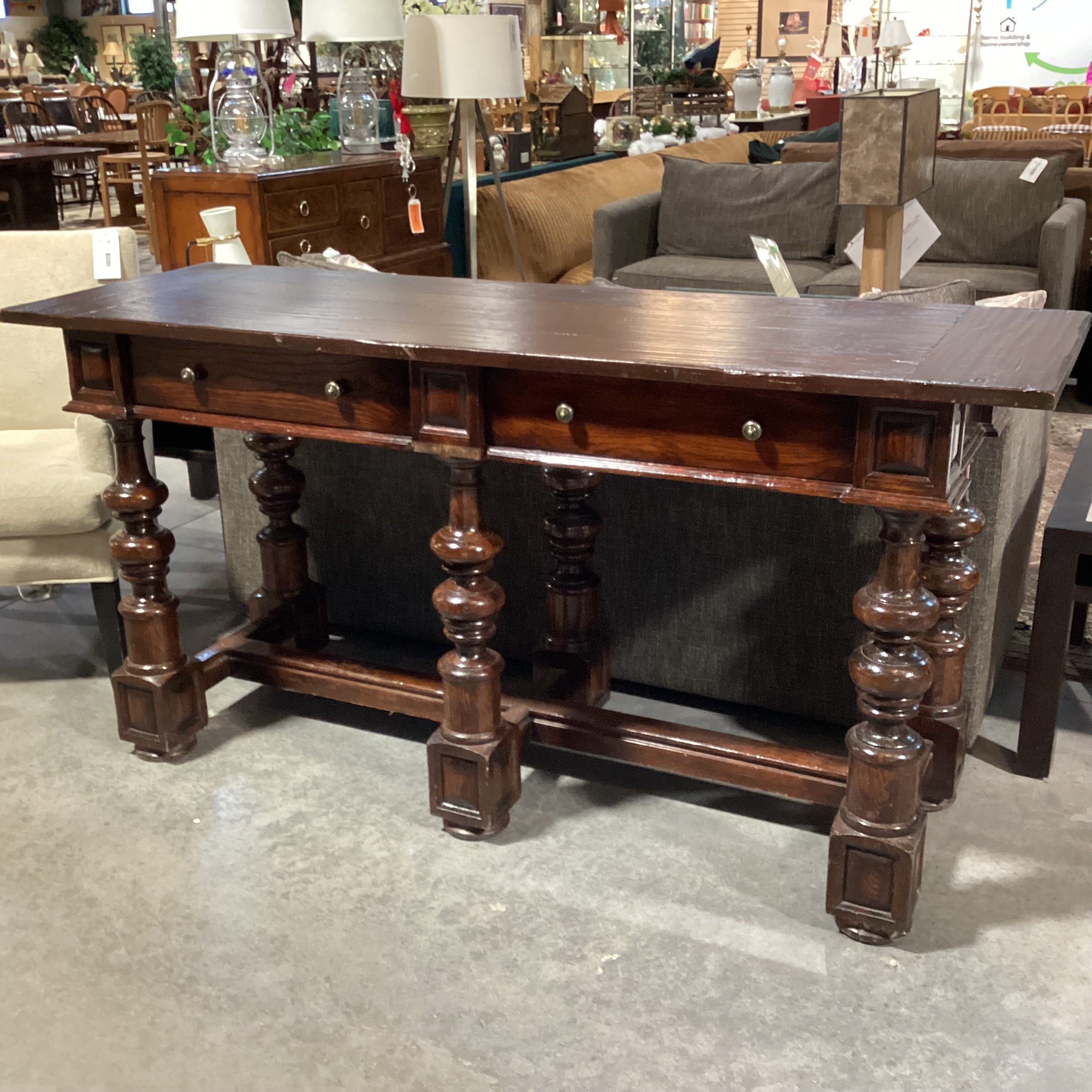 Carved Wood 2 Drawer with Ornate Legs & Trestle Sofa Table 72"x 24"x 36"