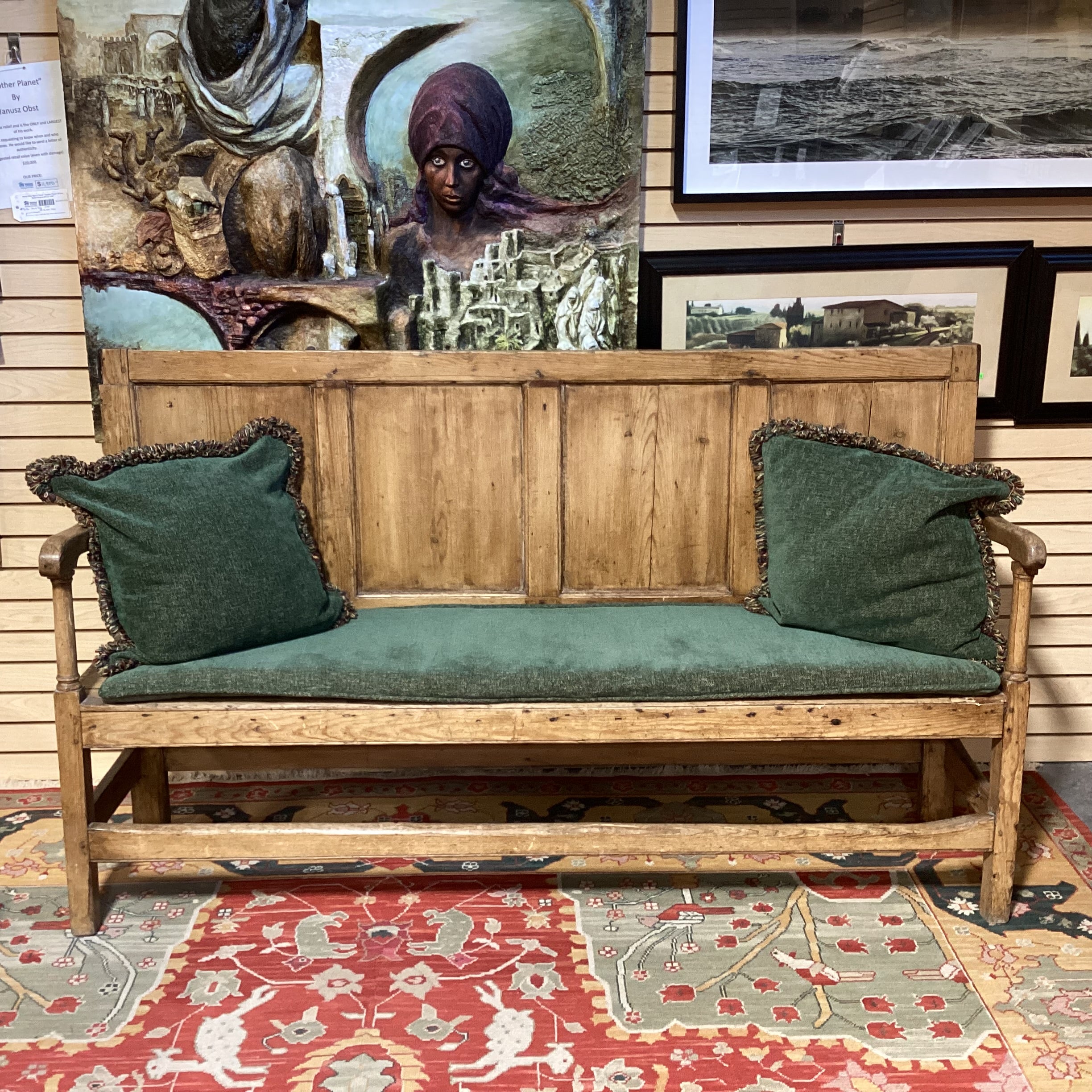 Antique Carved Pine with Panel Detail & Green Chenille Cushions Bench 71"x 19"x 42"