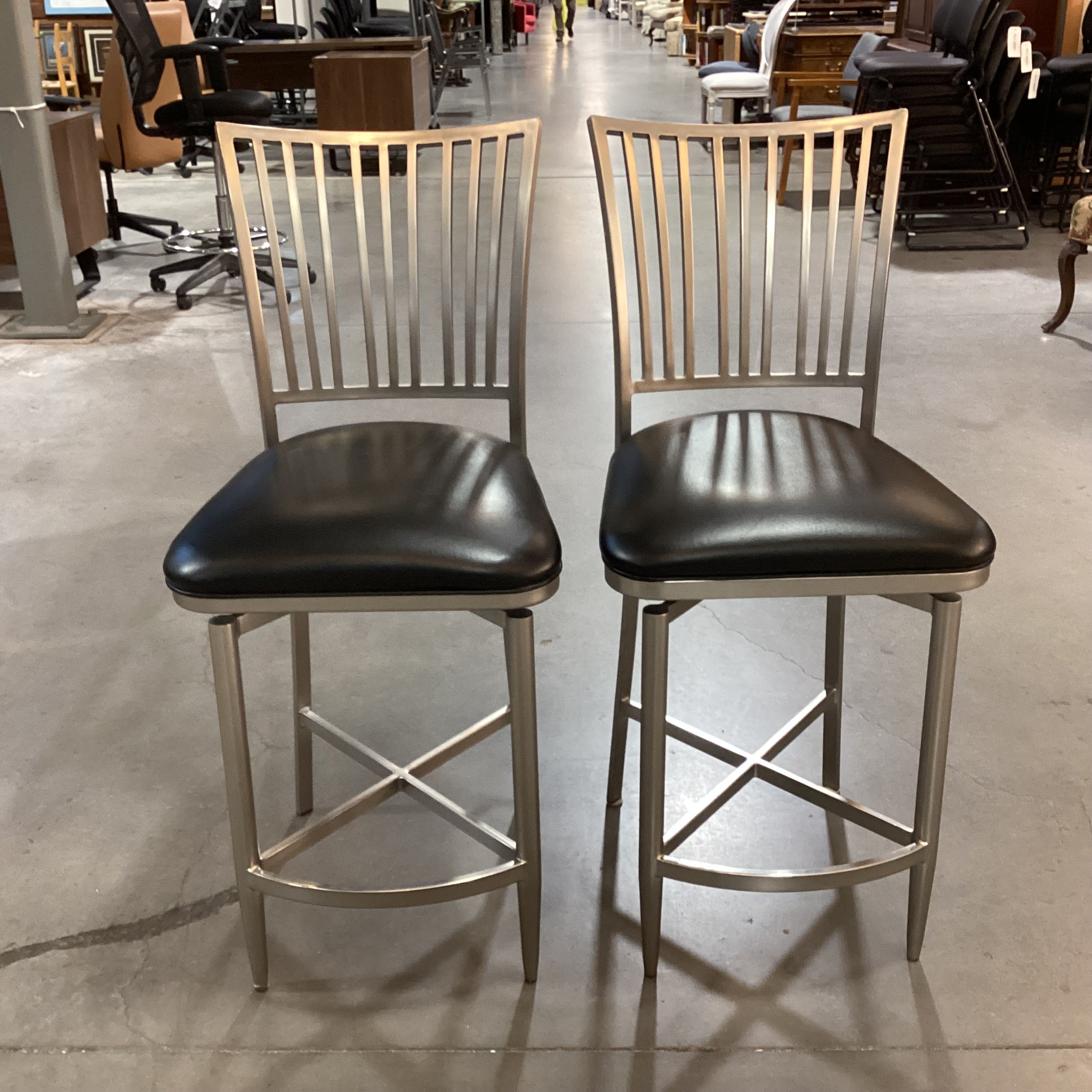 SET of 2 Ashtyn Brushed Nickel Finish Metal & Black Faux Leather Return Swivel Barstools 26"