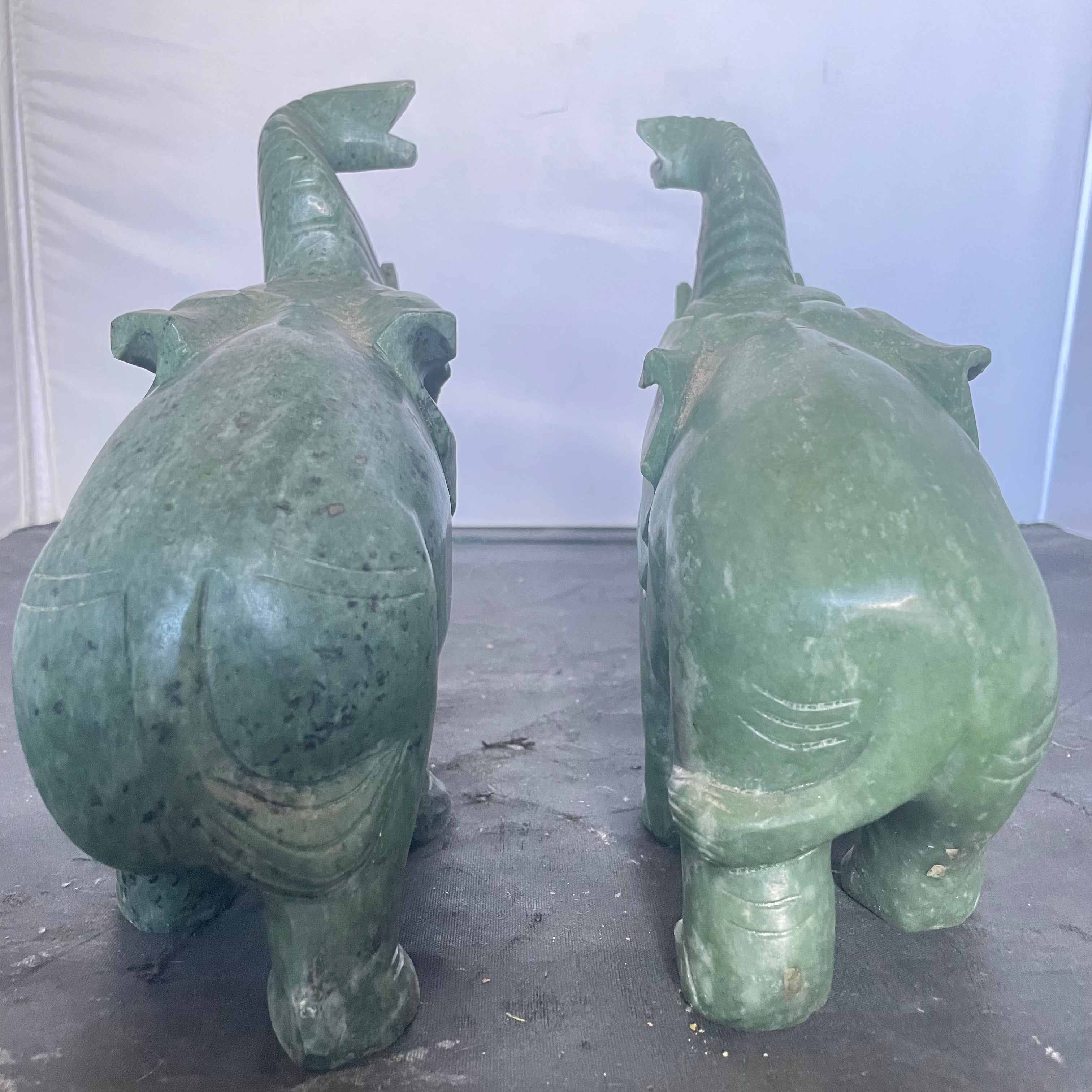 Hand Carved Spinach Jade or Verdite Elephant Figurines, Pair
