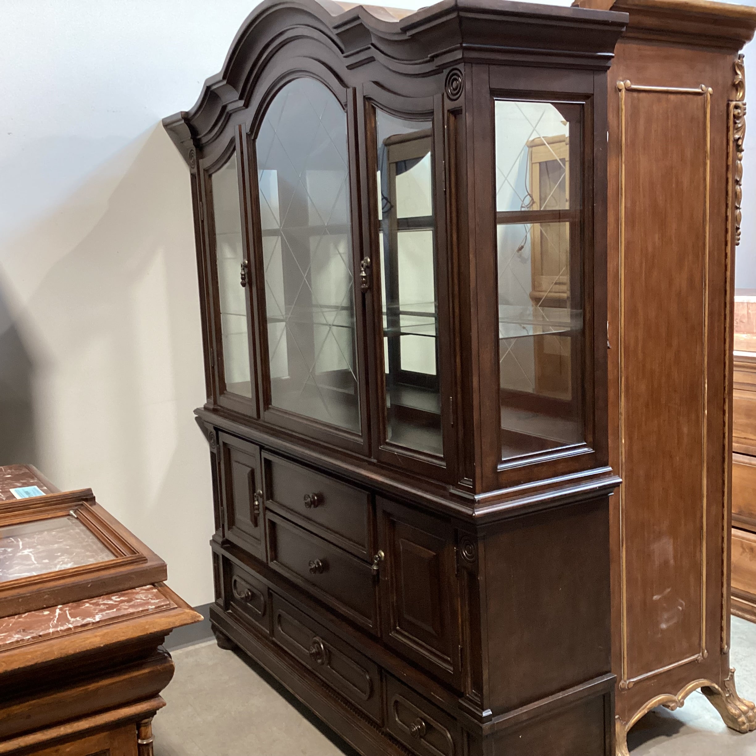 Dark Finish Wood & Glass 5 Drawer 4 Door 2 Piece China Hutch 69"x 18"x 88"