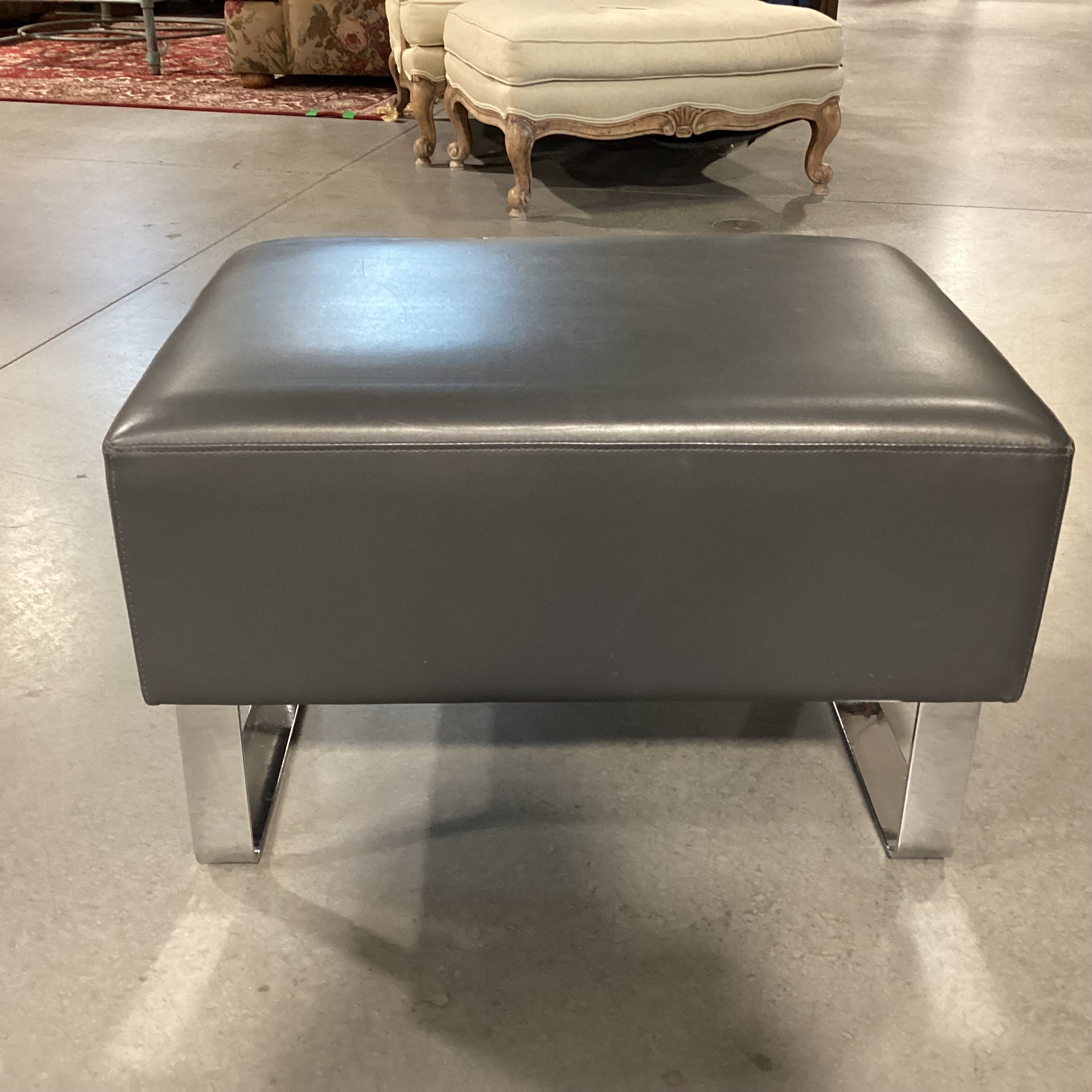 Grey Leather & Chrome Ottoman 28"x 20"x 18.5"