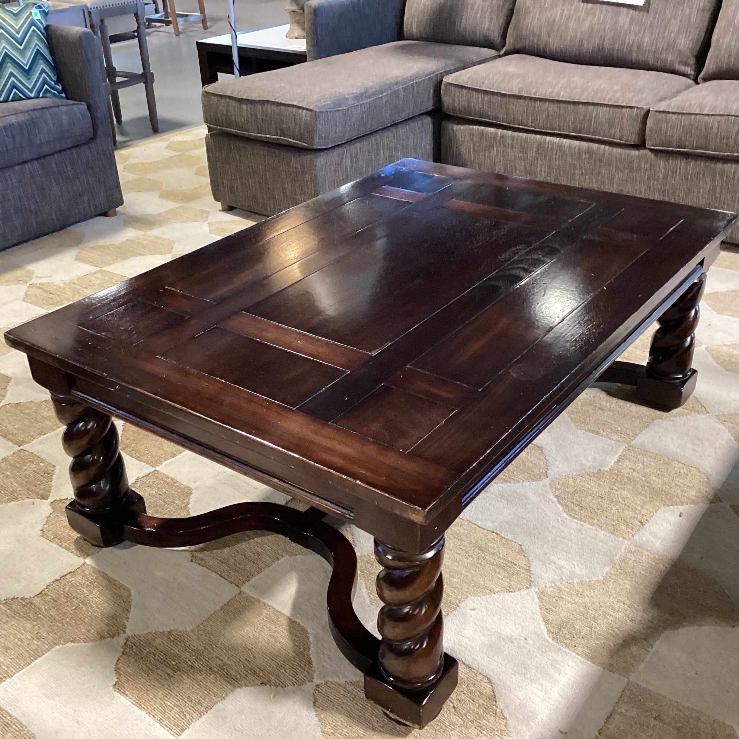 Solid Dark Finish Wood With Spiral Carved & Trestle Base Coffee Table 54"x 38"x 20"