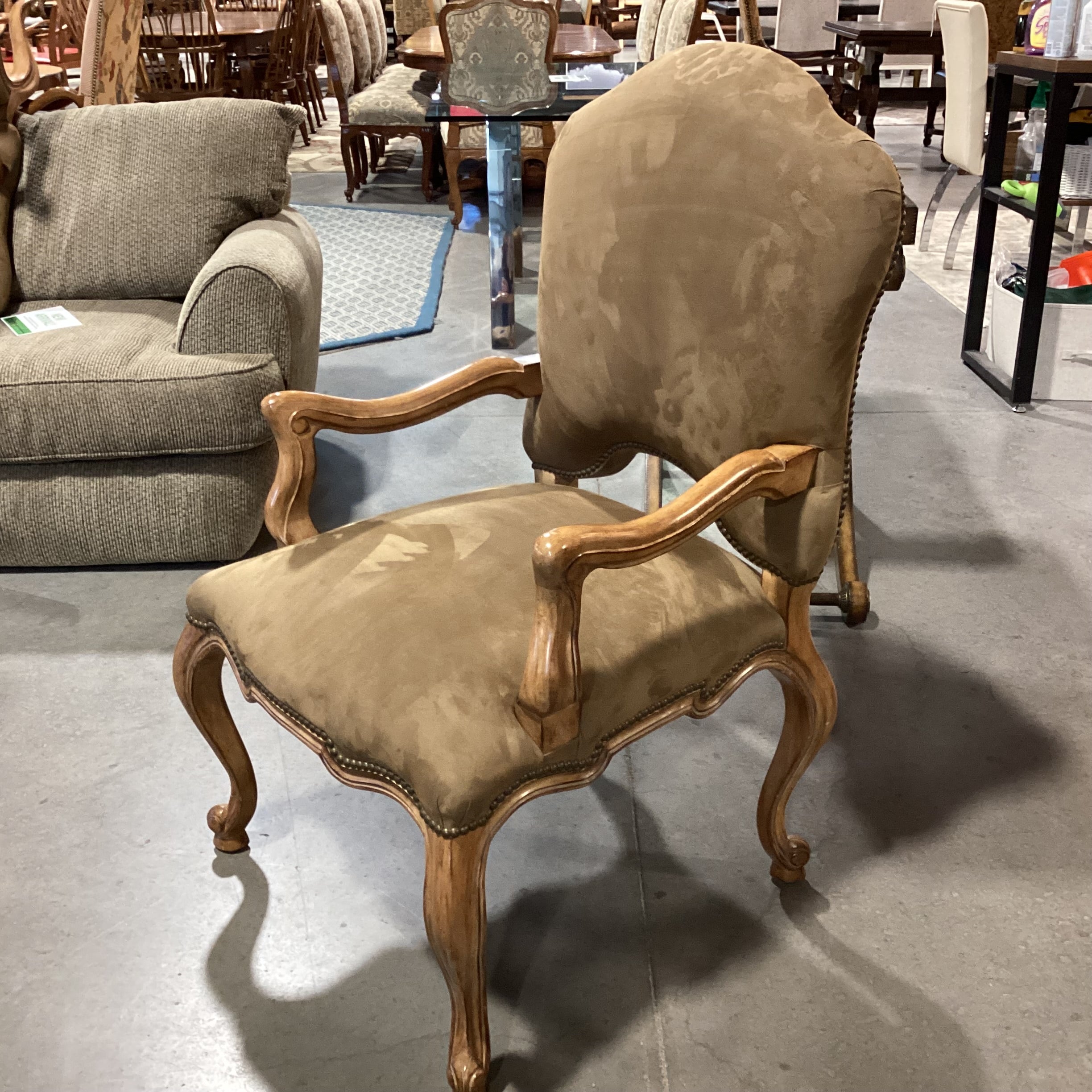Kreiss Tan Ultra Suede Nailhead & Carved Wood Chair 27"x 27"x 44"