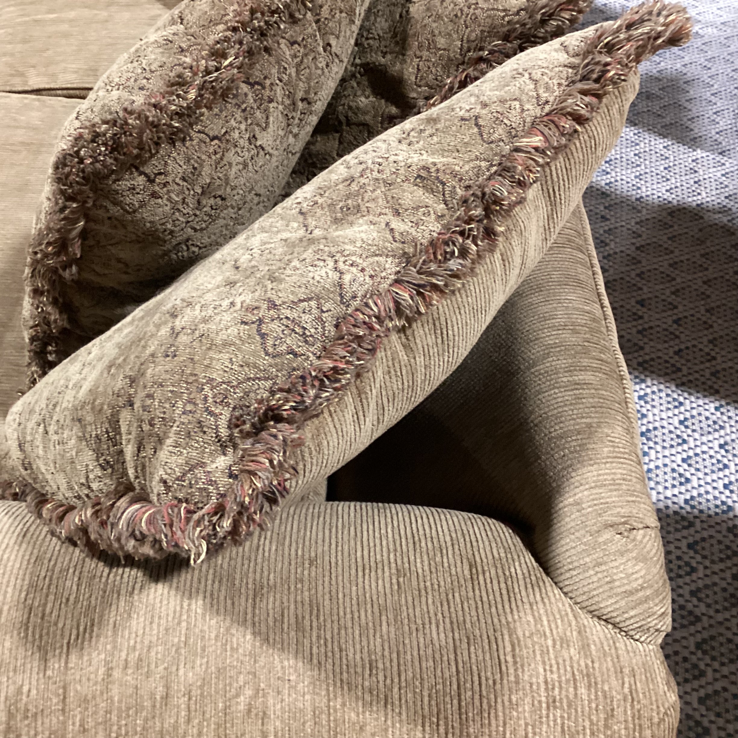 Olive Texture Ribbed & Nailhead with Reverse Multi Back Pillows Sofa 98"x 40"x 30"