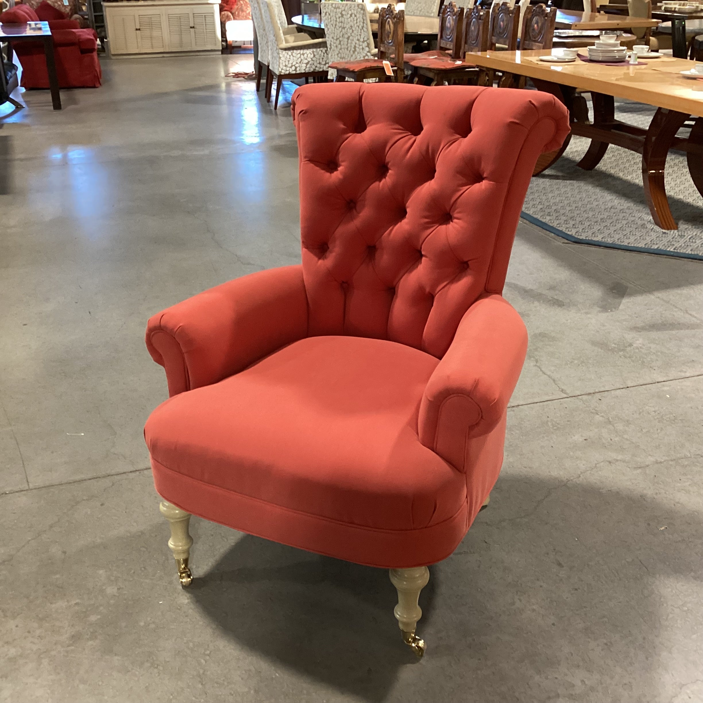 Red Orange Tufted Roll Back & Arms Front Casters Chair 34"x 38"x 44"