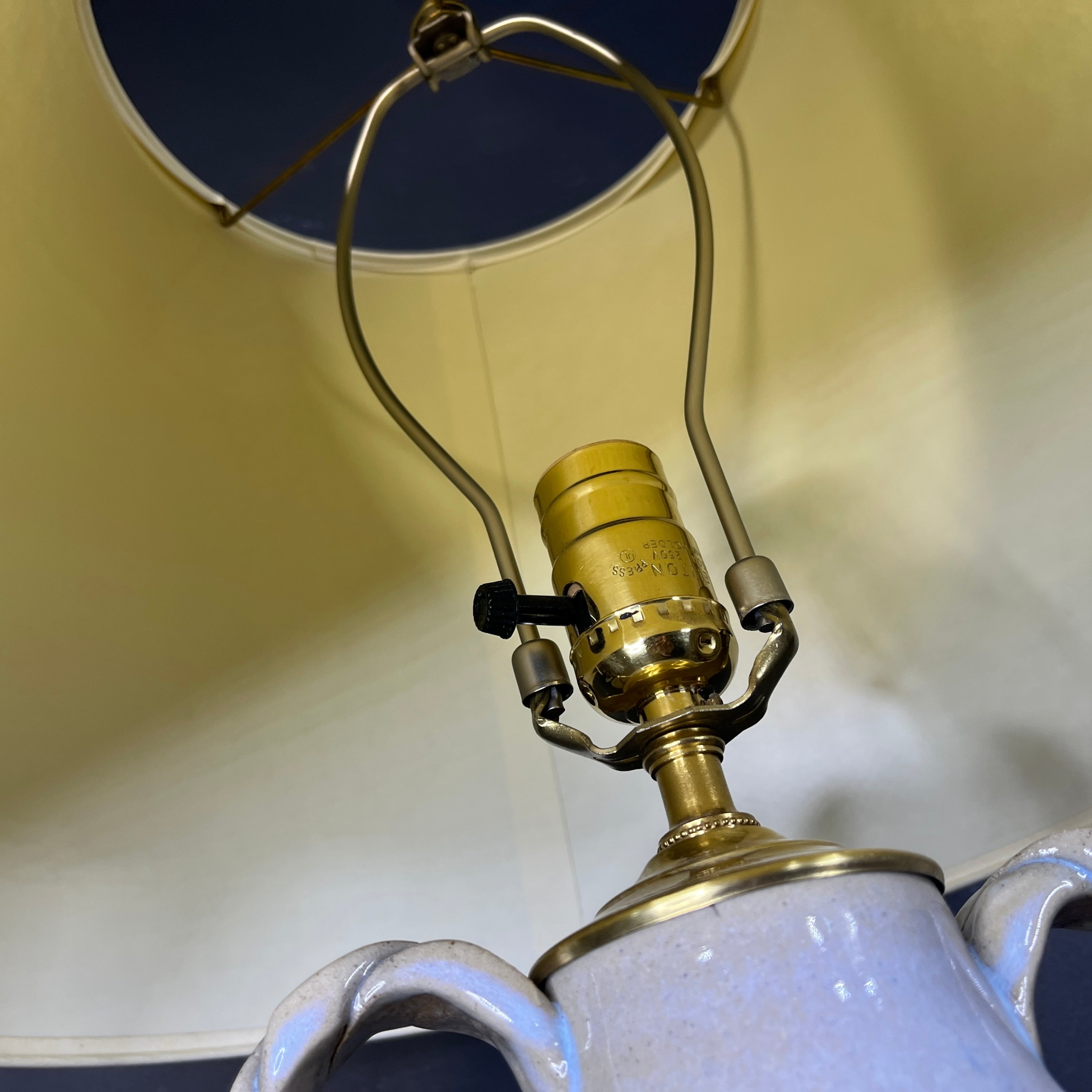 Cream iridescent Braided Handle Pottery with Shade Table Lamp 17” Diameter @ Shade x 28”