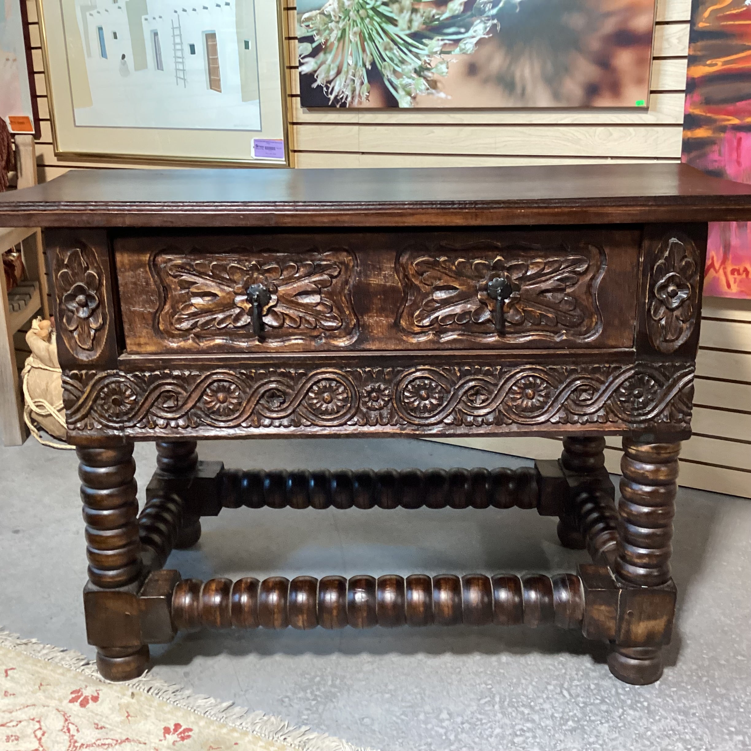 Spanish Style Carved Wood 1 Drawer Console Sofa Table 52"x 24.5"x 34"