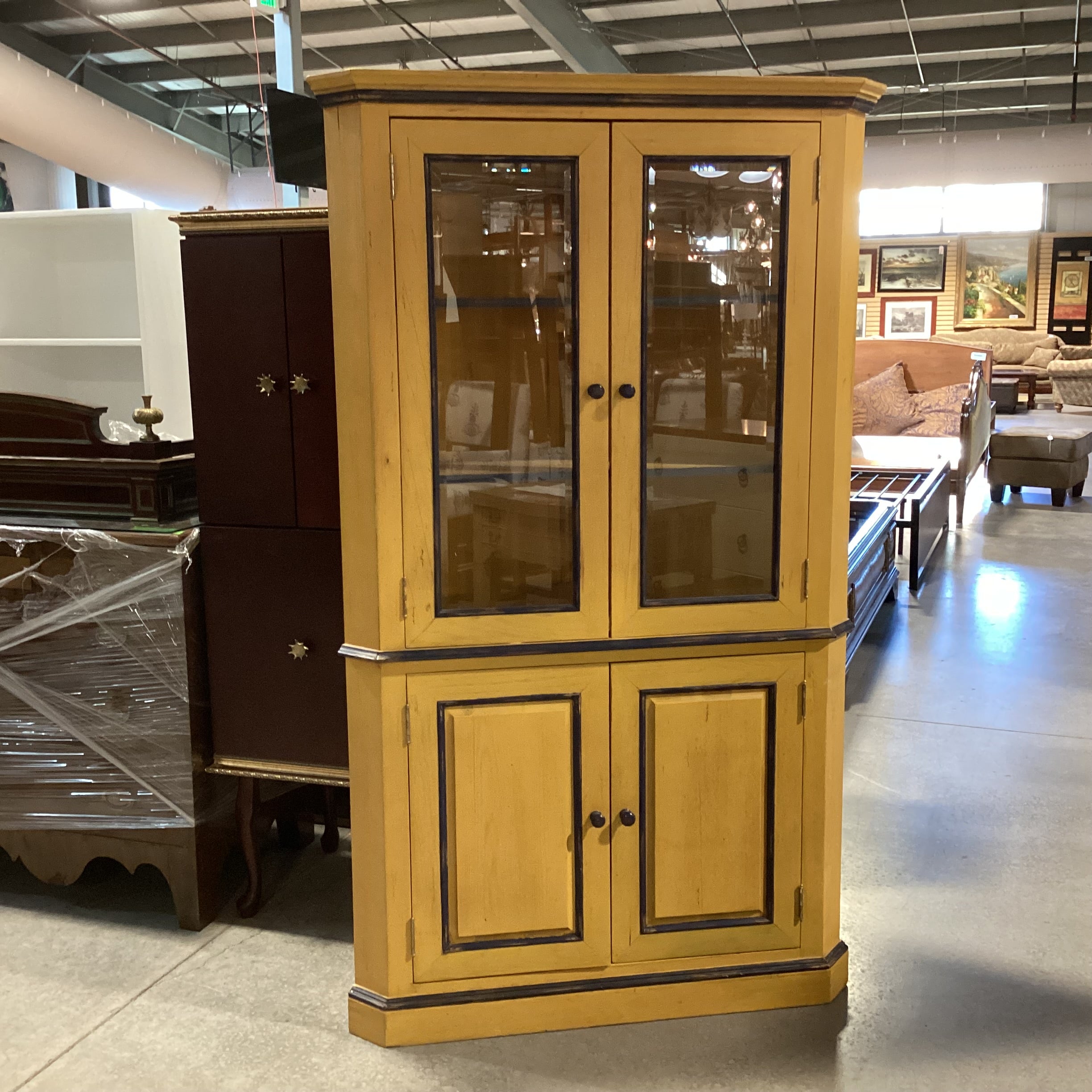 Gold & Navy Distressed Wood 2 Beveled Glass Doors & 2Wood with Shelves Corner Armoire 42"x 32"x 72.5"