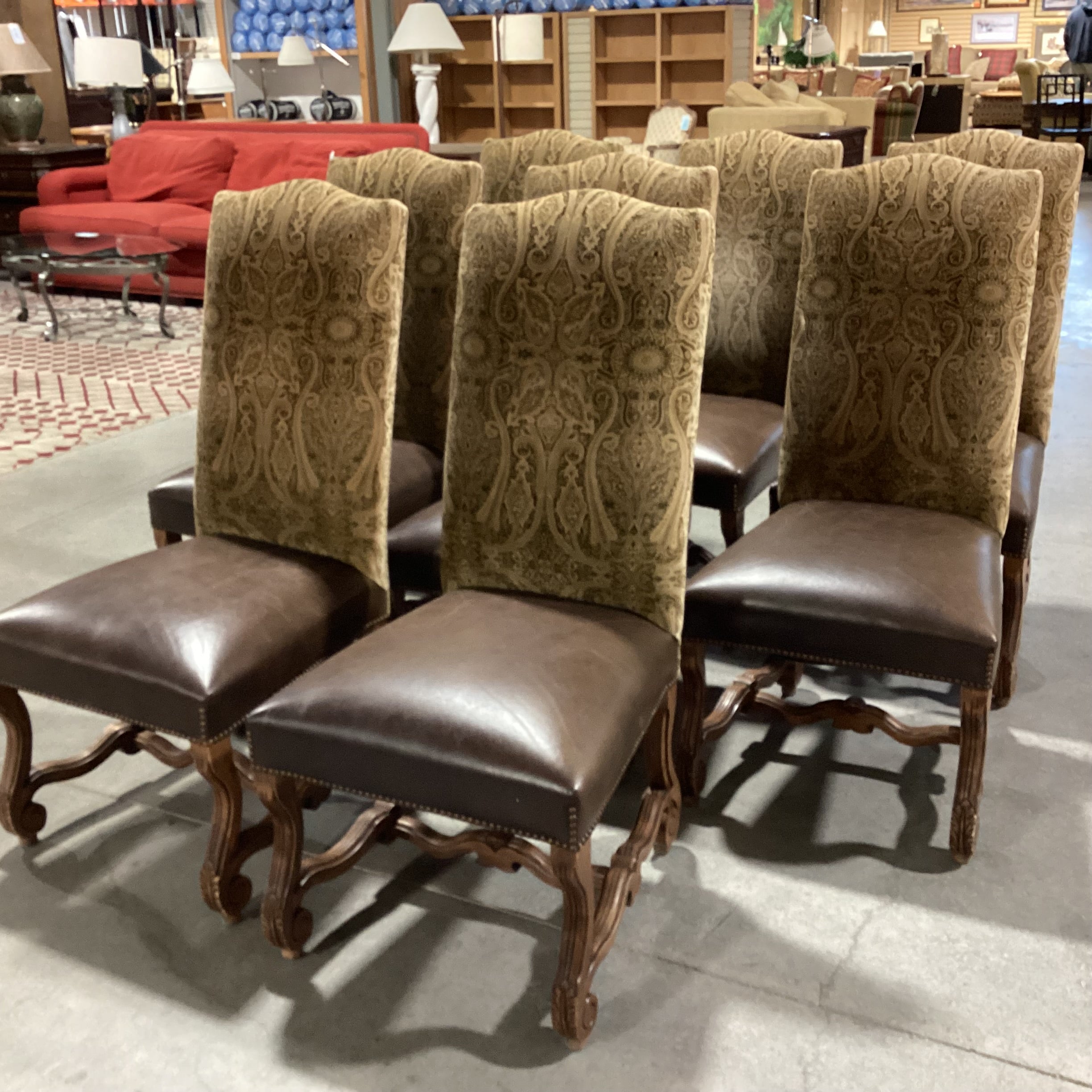 SET of 8 Ornate Carved Wood Leather Nailhead & Paisley Velvet Dining Chairs 22"x 24"x 44.5"