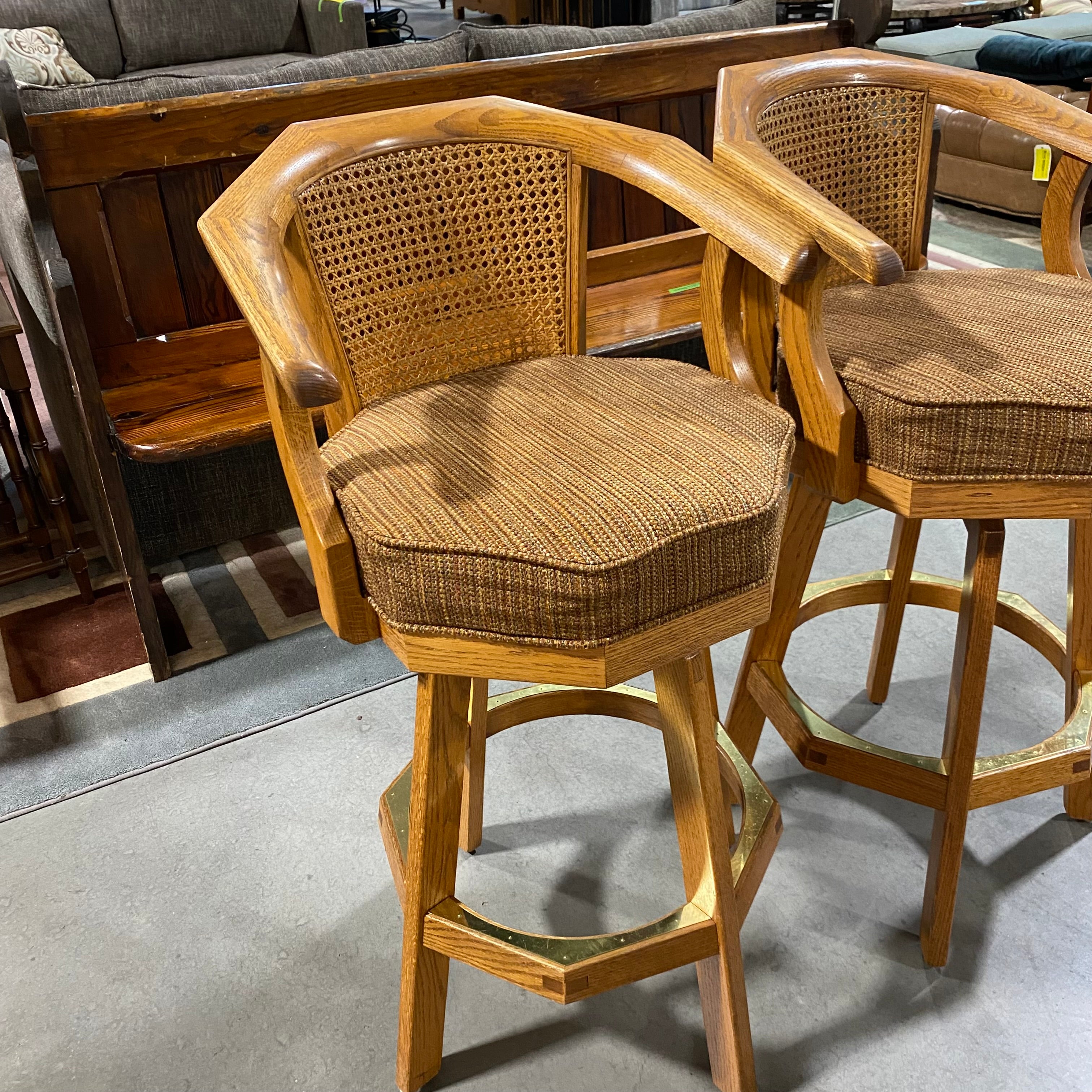 SET of 2 Solid Wood Brass Accents Rust/Gold Upholstered Seat Caned Back Bar Stools 22.5"x 21"x 40"