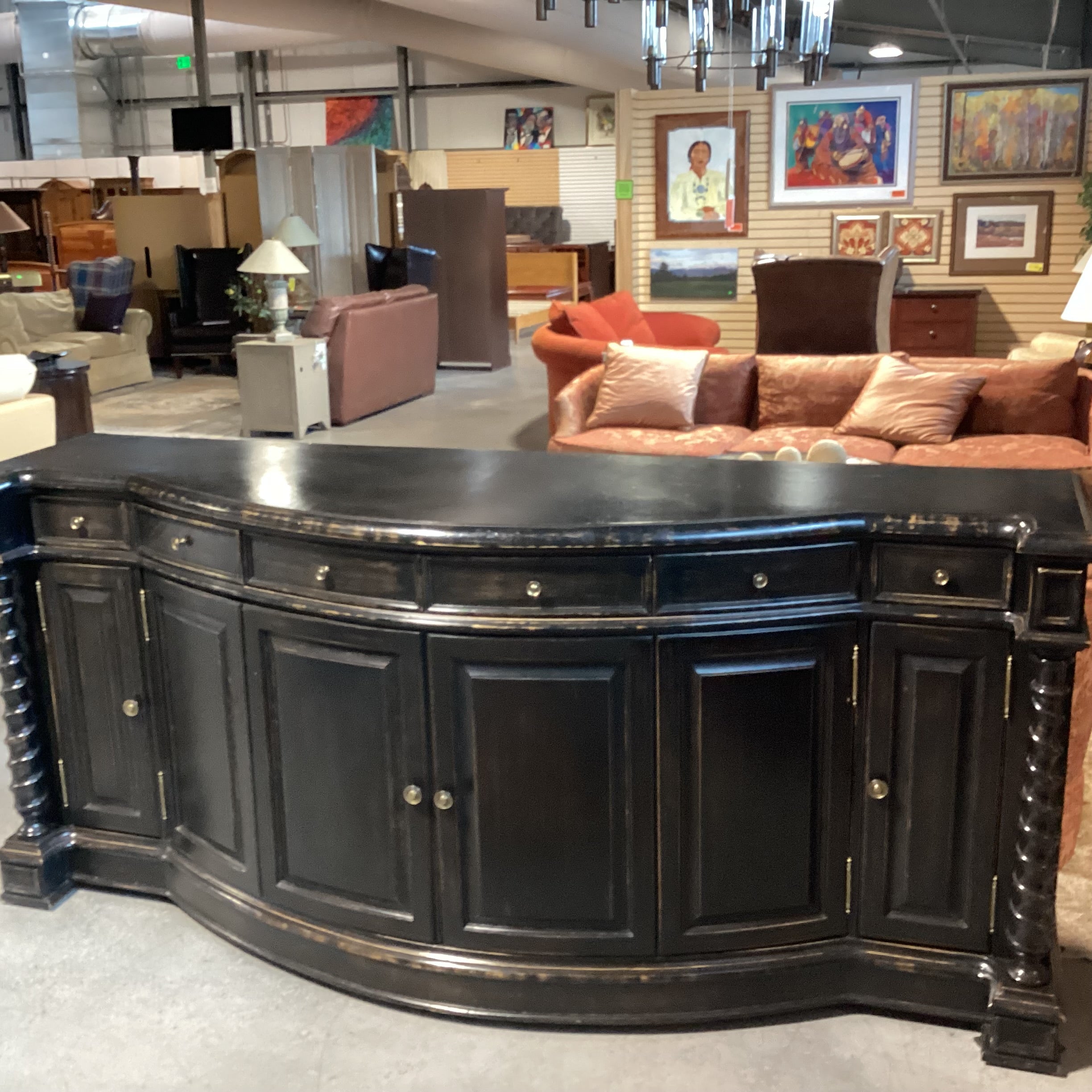 Antiqued Black Distressed Carved Wood 4 Door 6 Drawer Sideboard 96.5"x 27.5"x 42.5"
