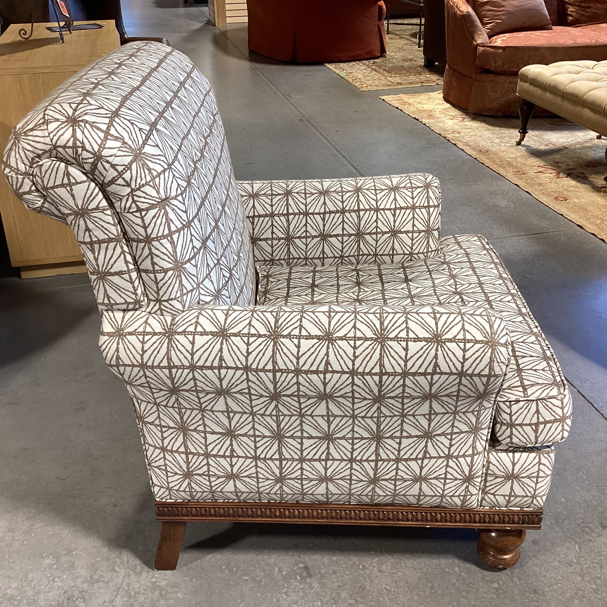 Ivory with Taupe Pattern Linen & Carved English Walnut Finish Chair 36"x 36"x 39"