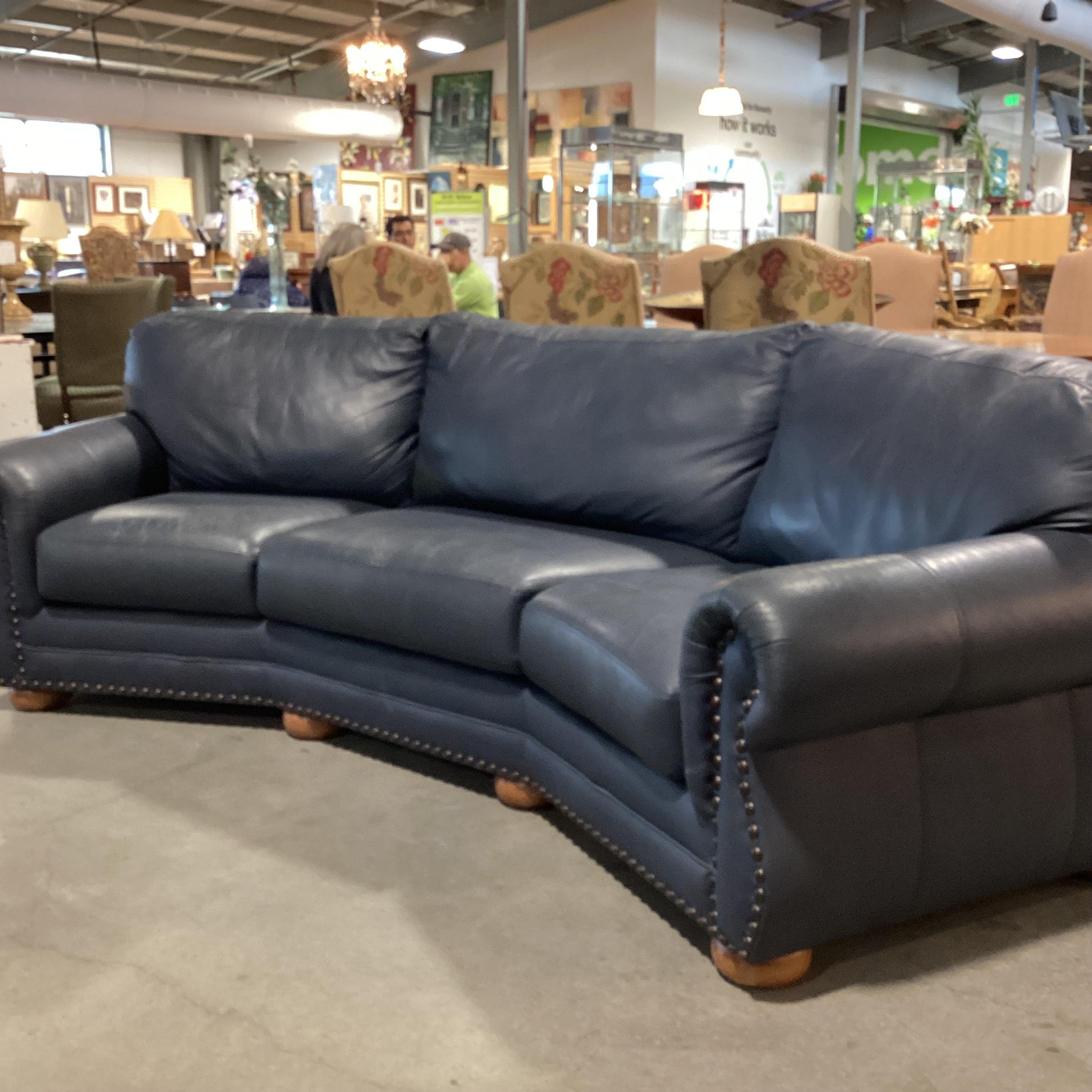 Creative Leather Furniture HighPoint Collection Angled Navy Leather Nailhead Sofa 120"x 54"x 36"