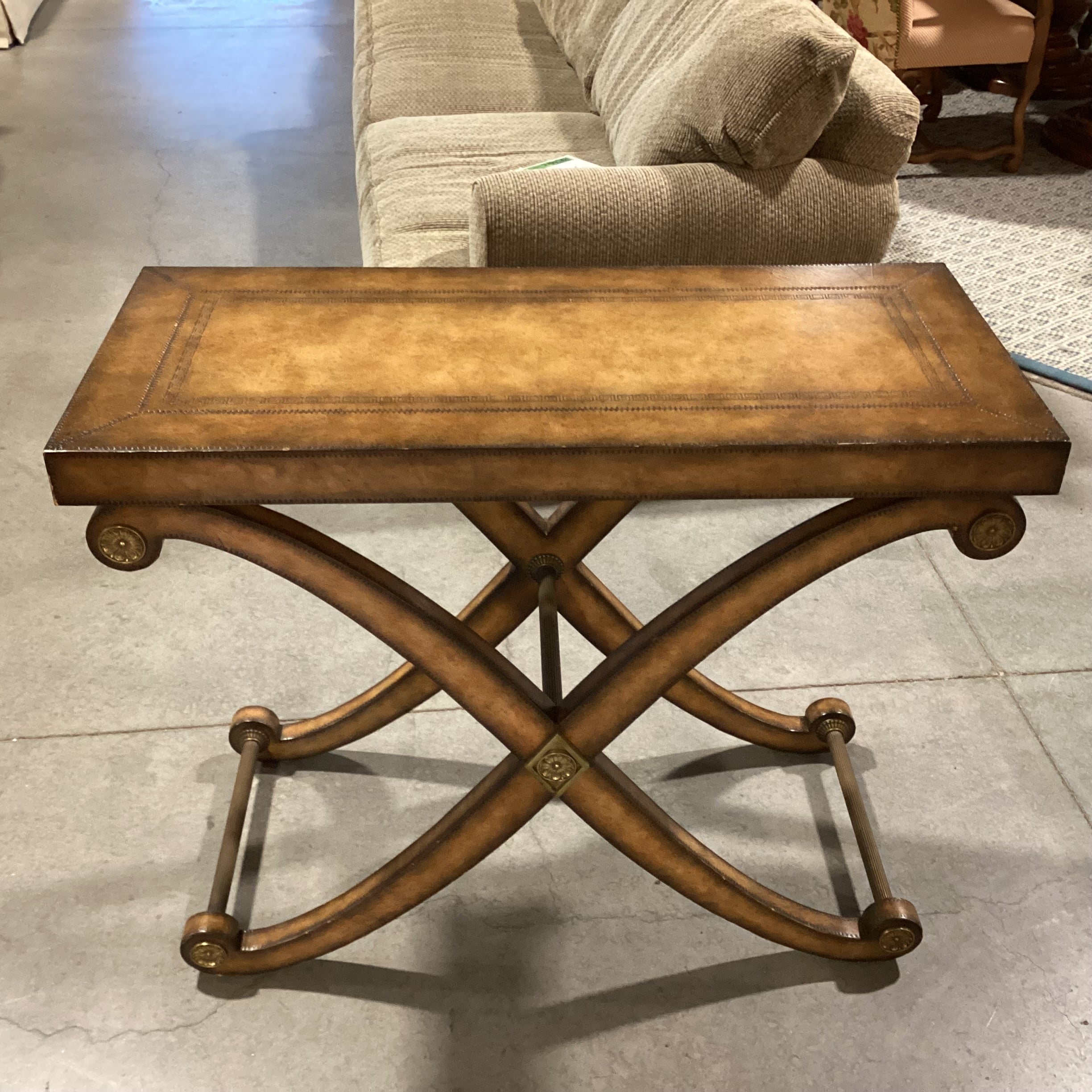 Kreiss Neoclassical Leather with Stitched Accent & X Base Antiqued Brass Stretches Console Sofa Table 40"x 18"x 32.5"