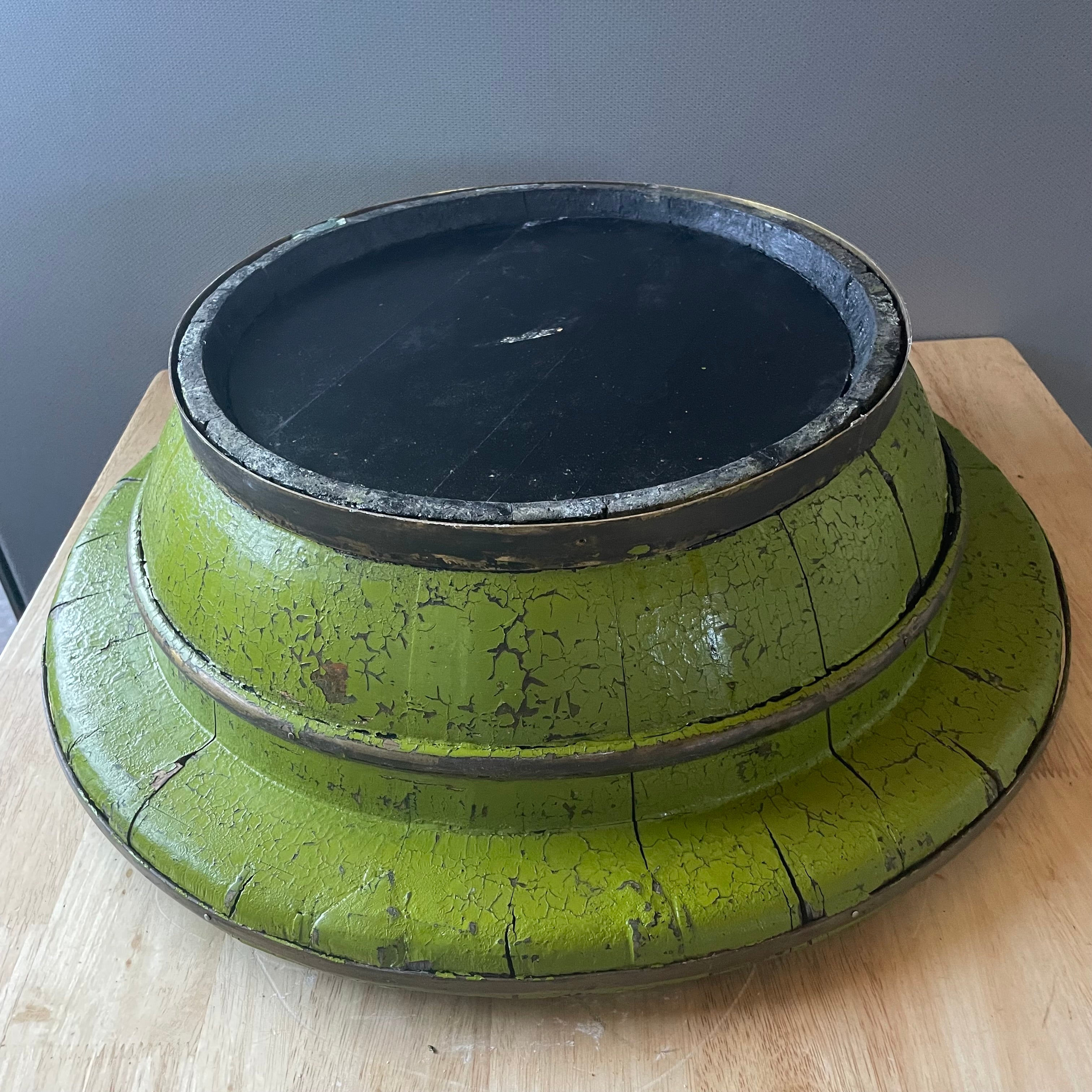 Antique Chinese Green Lacquer Wood, Metal Banded Wash Basin, 20.5"x 6"