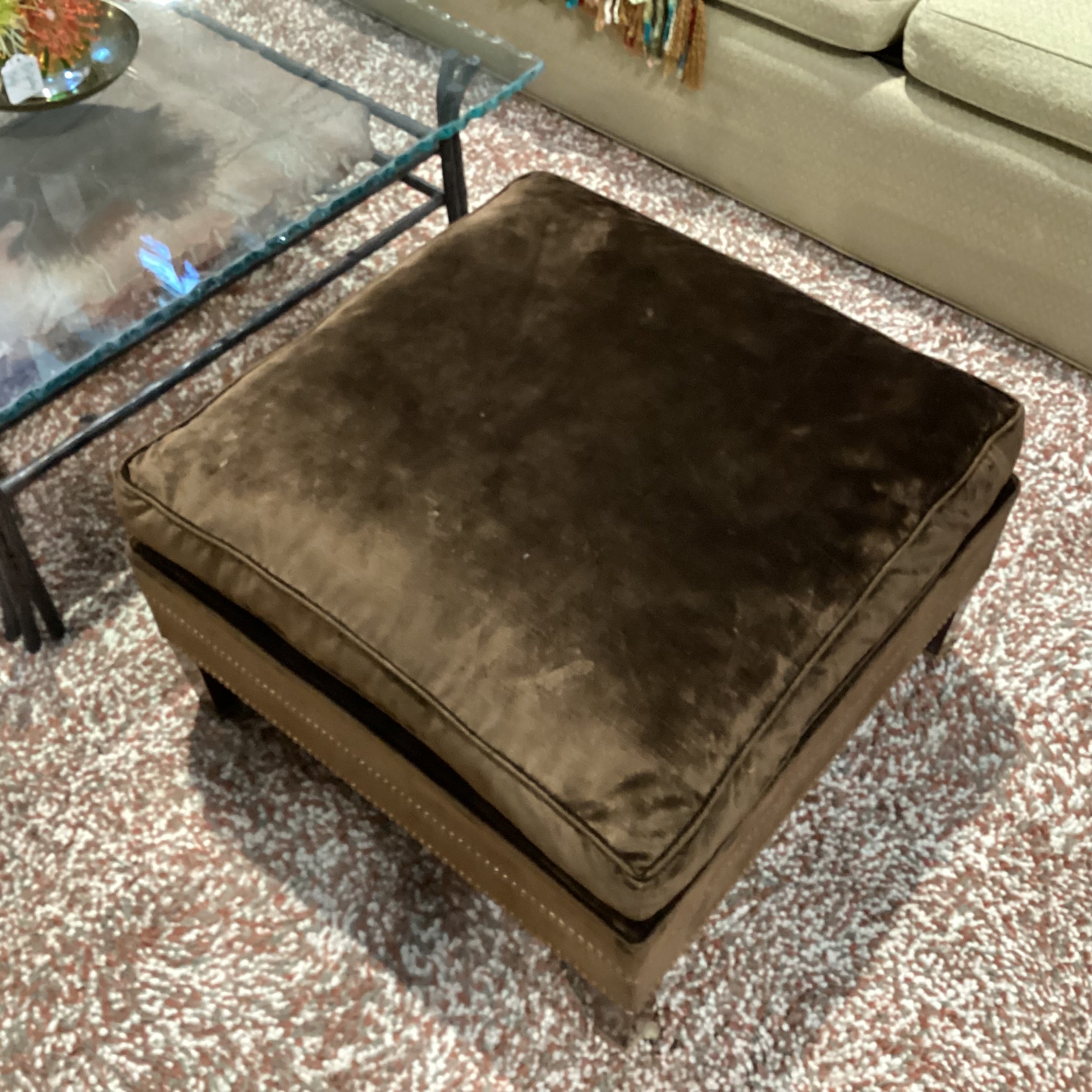 Custom Brown Velvet Nailhead & Brass Casters Down Mix Ottoman 26"x 26"x 19"