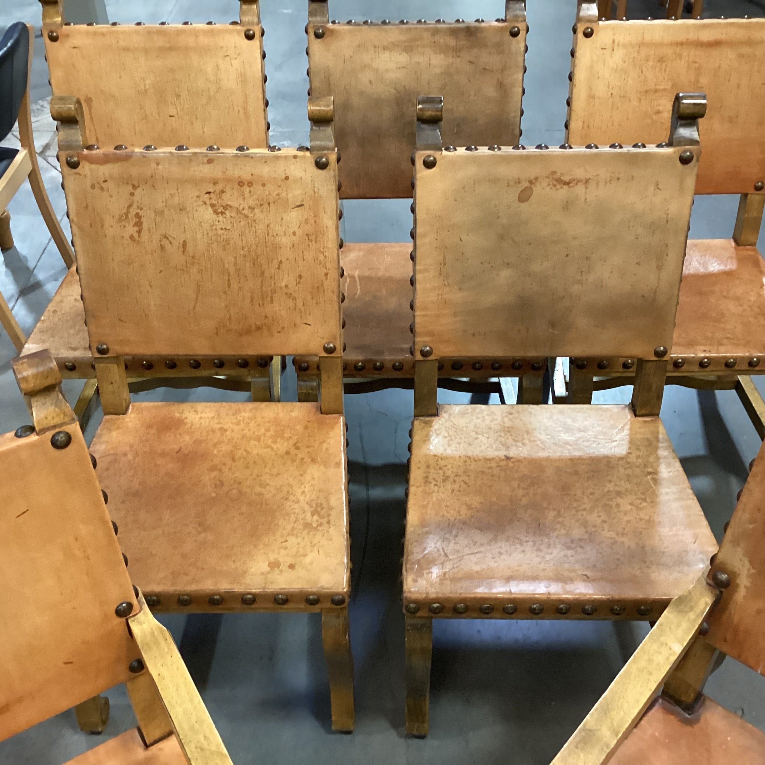 Set of 7 Carved Wood & Leather Nail Head Rustic Dining Chairs 23"x 24"x 41"