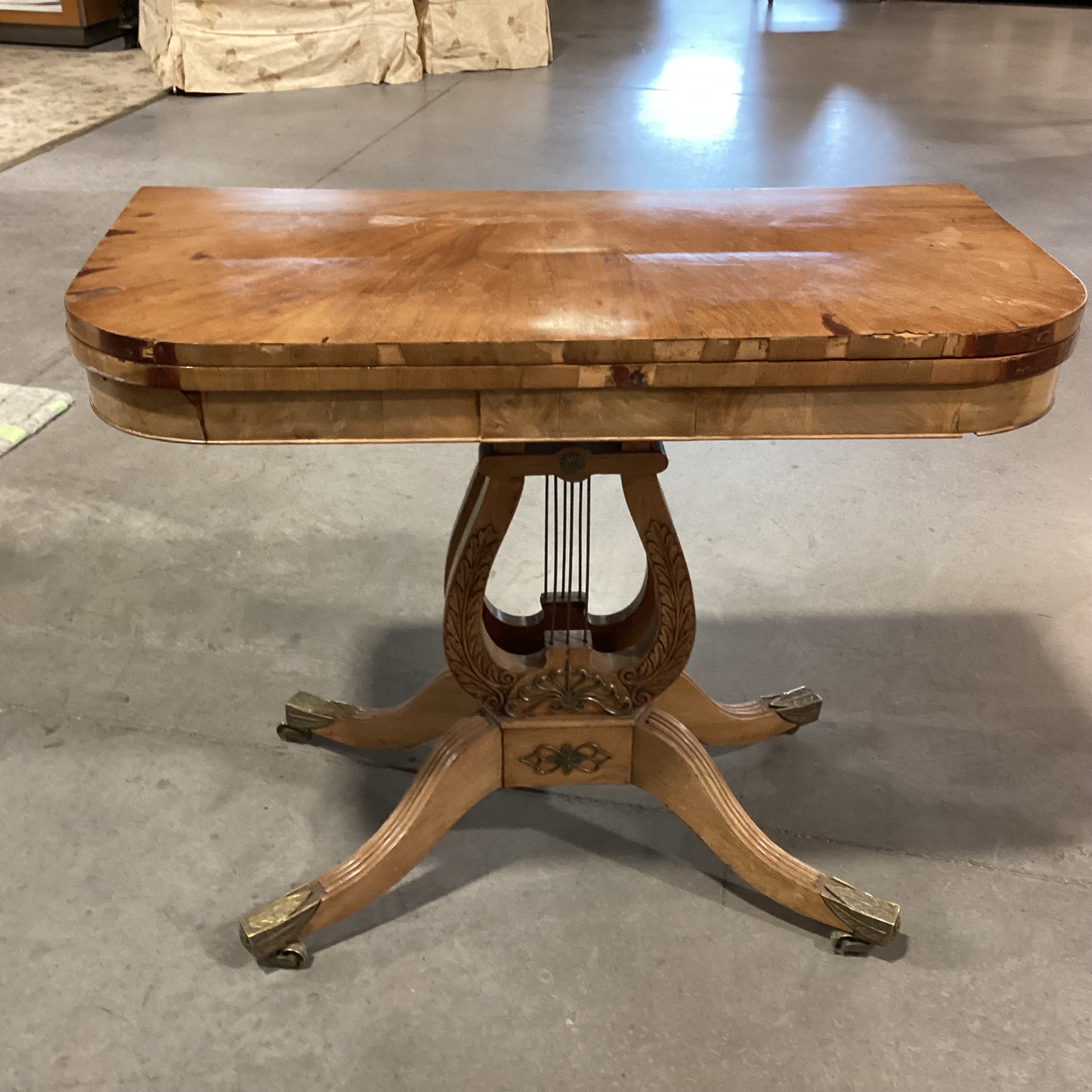 Antique Carved Wood & Veneer Twist Top to Open with Harp Pedestal & Brass Accents Accent Table 36"x 18" to 36"x 29.5"