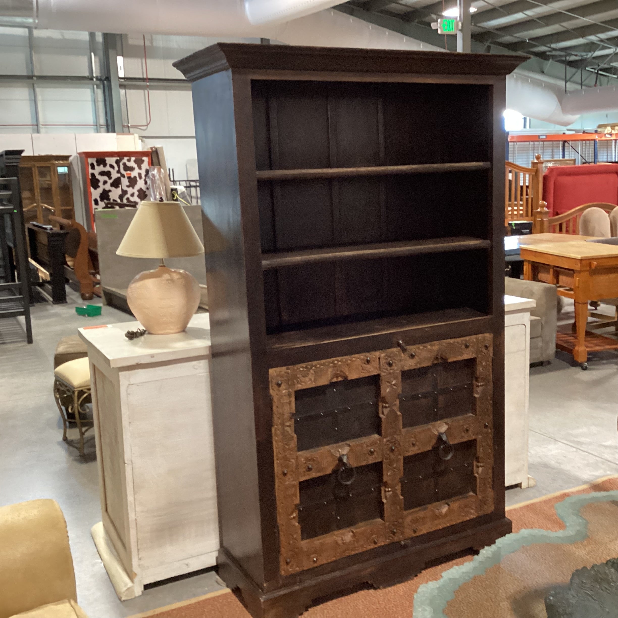 Solid Rustic 2 Tone Carved Wood with Iron Accent & Shelves Hutch 49"x 18"x 78.5"