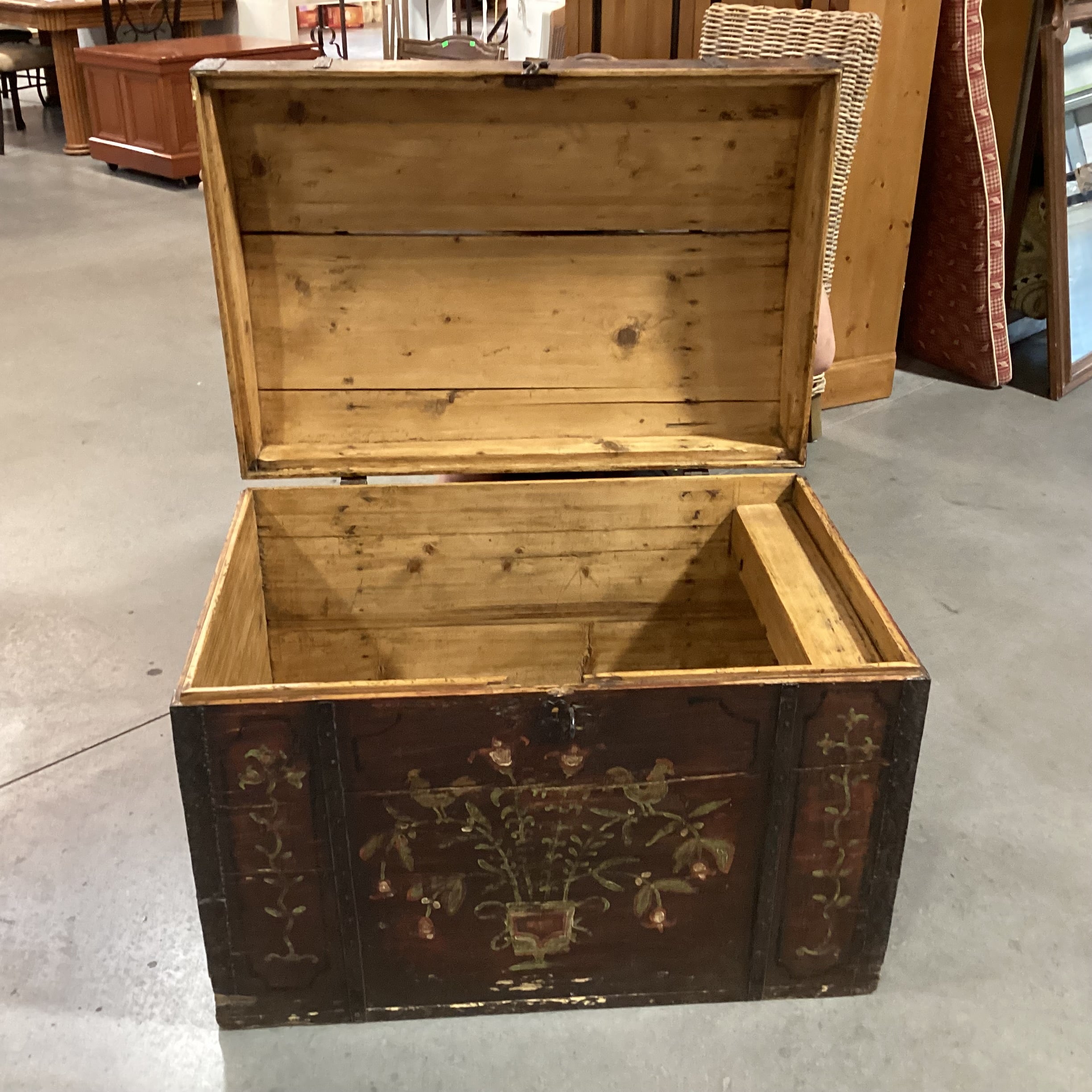 Antique 1873 Red with Floral Hand Painted Wood & Iron Trunk 34"x 24"x 25"