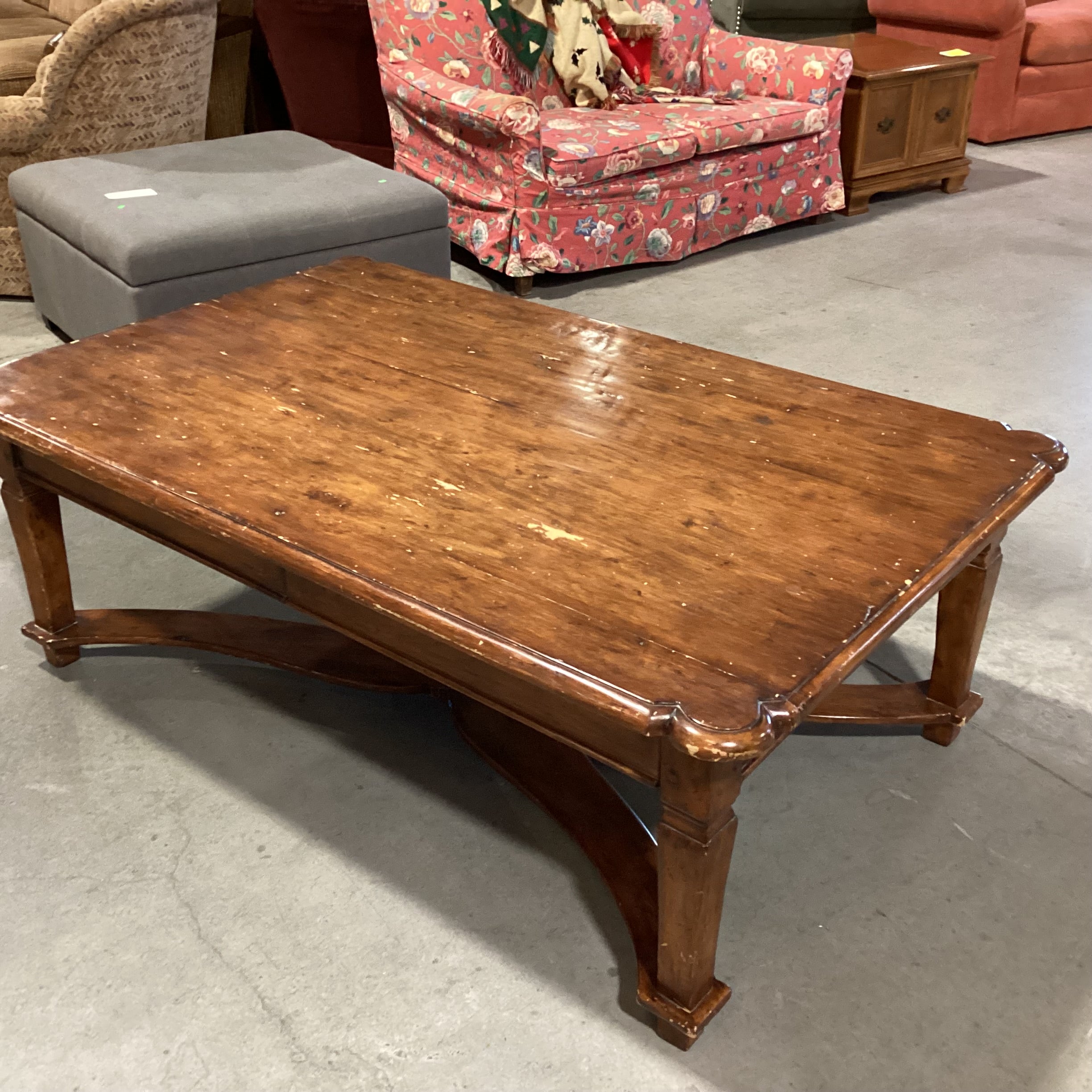 Distressed Finish Ornate Carved Edge & Trestle 2 Drawer Coffee Table 60"x 38"x 22"