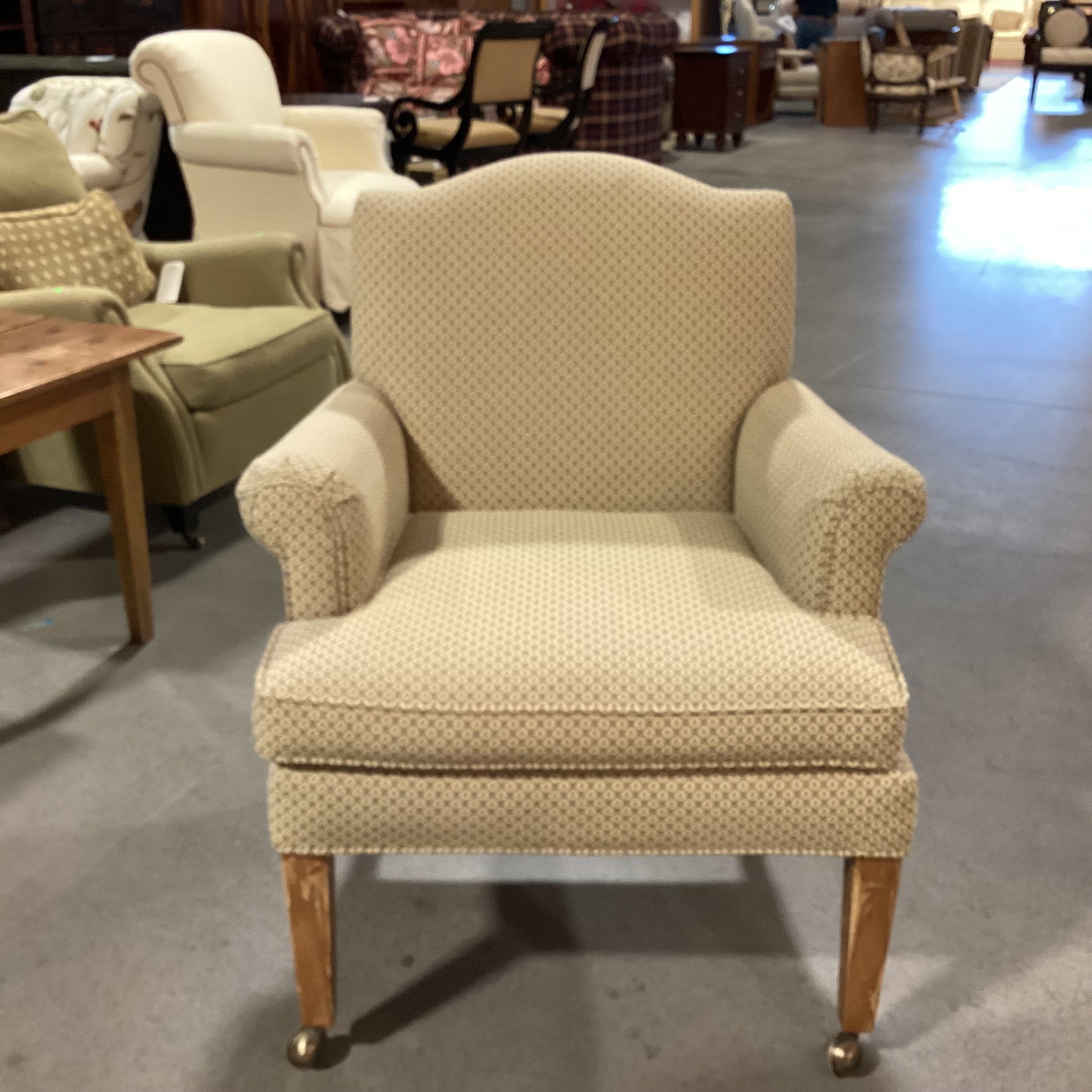 Dindy Foster Interiors Cream & Sage Pattern on Casters Accent Chair 31"x 28"x 36.5"