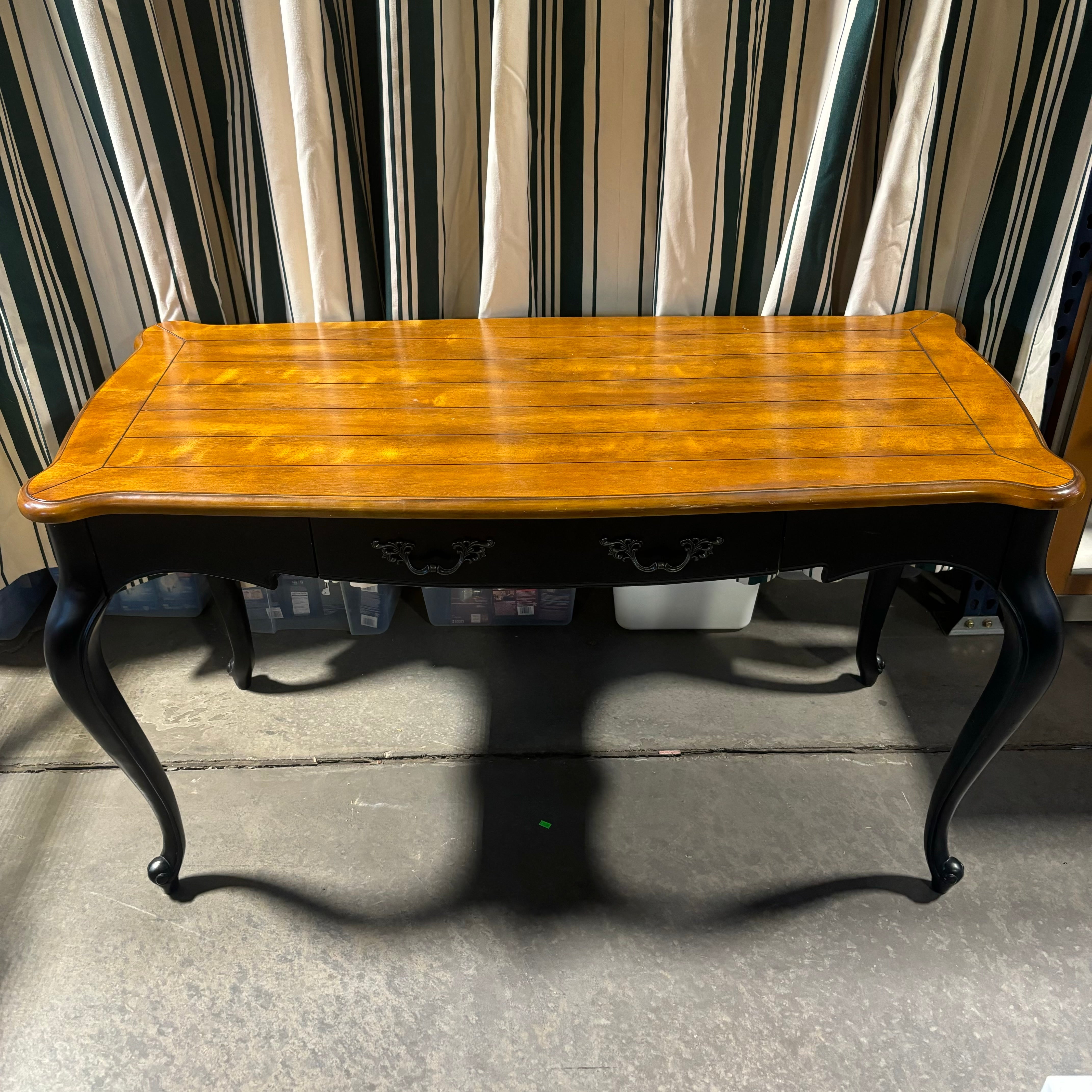 Glossy Medium Finish Wood Top & Black Carved Wood Base Louis XV Style 1 Drawer Desk 54"x 24"x 31.5"