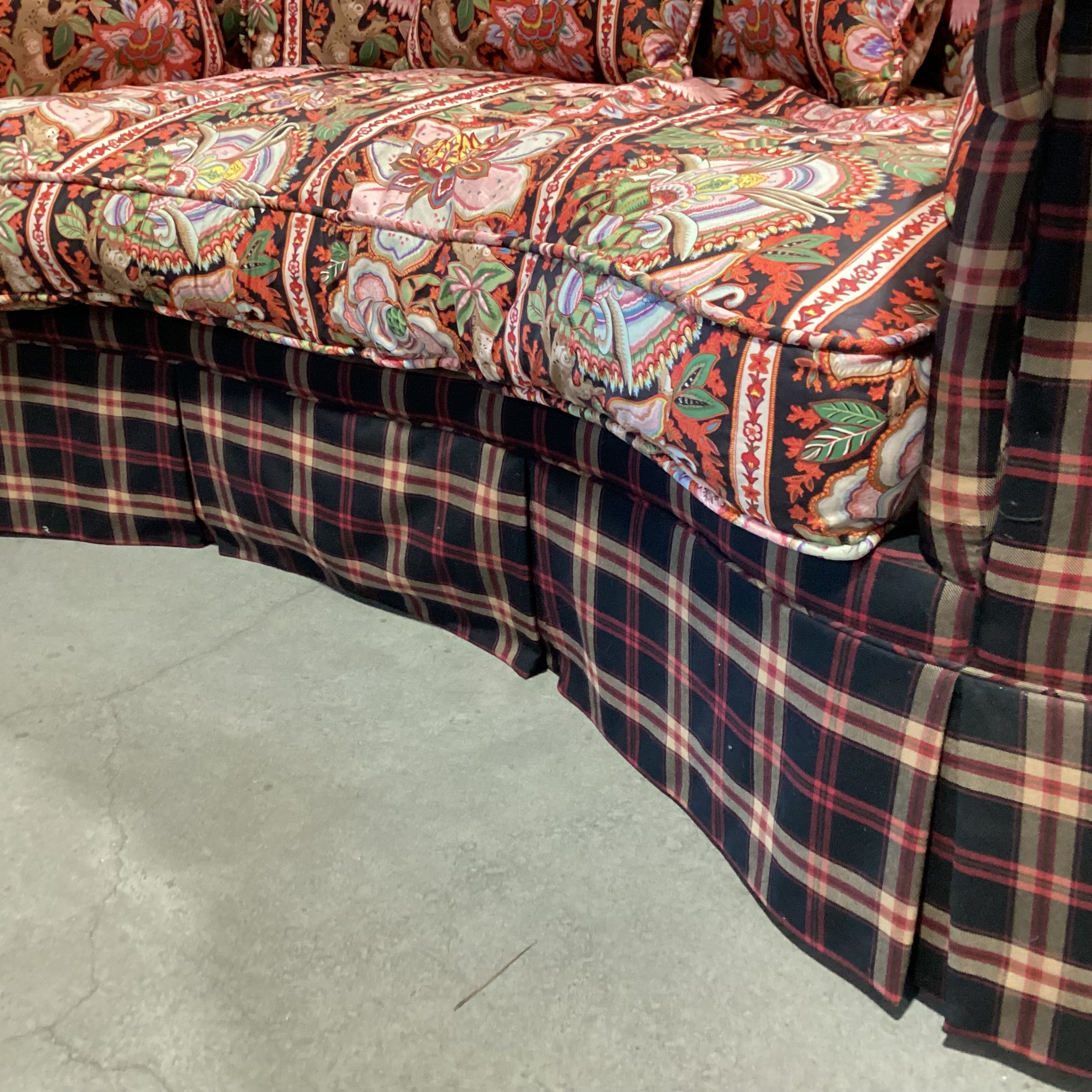 Custom Black Red Tan Plaid Button Tufted with Pink Ornate Floral Cushion & Pillows Down Mix Sofa 100"x 58"x 40"