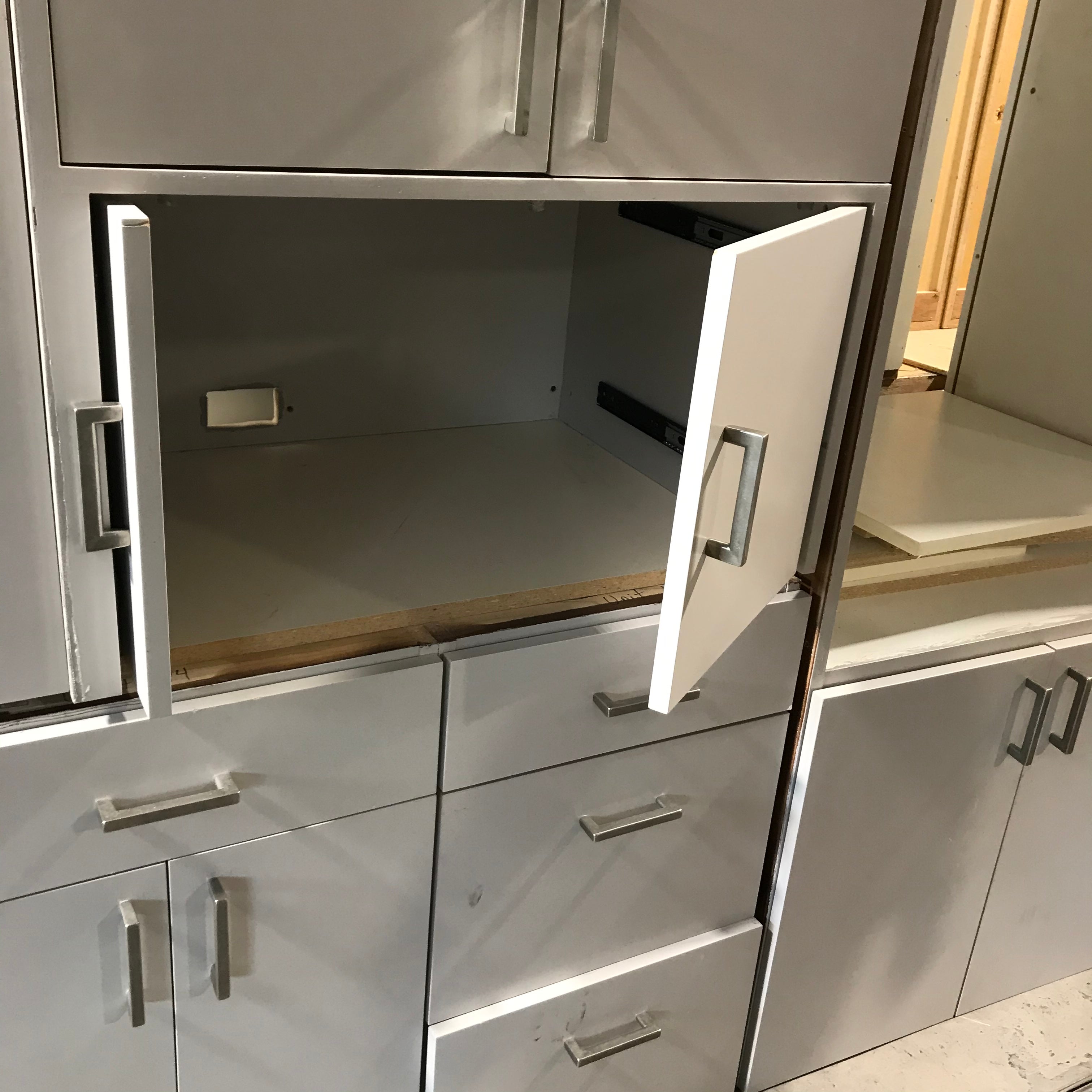11 Piece Custom Gray Laminate with Contempory Brushed Nichol Hardware Kitchen Cabinet Set