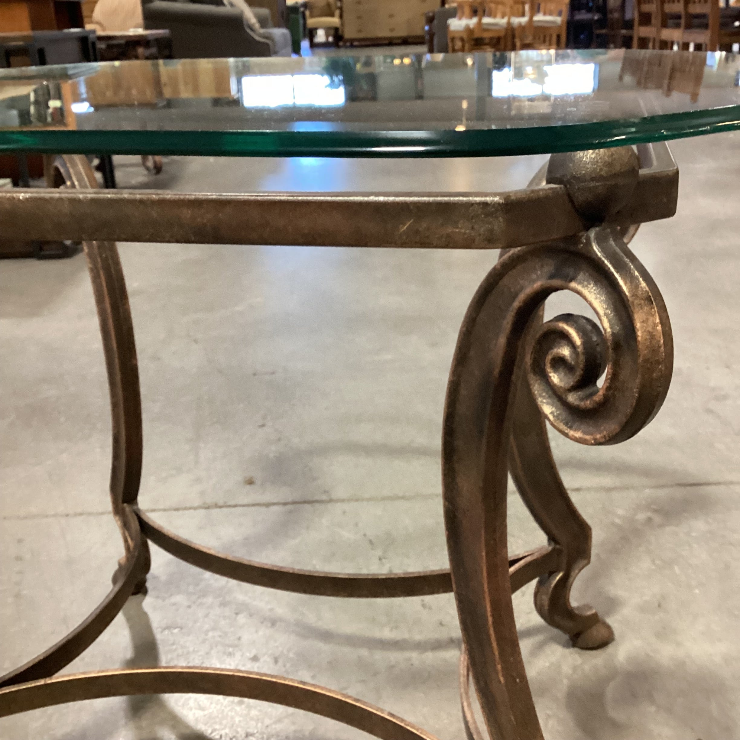 Ornate Iron with Gilded Finish and Glass Top End Table 28"x 22"x 24"