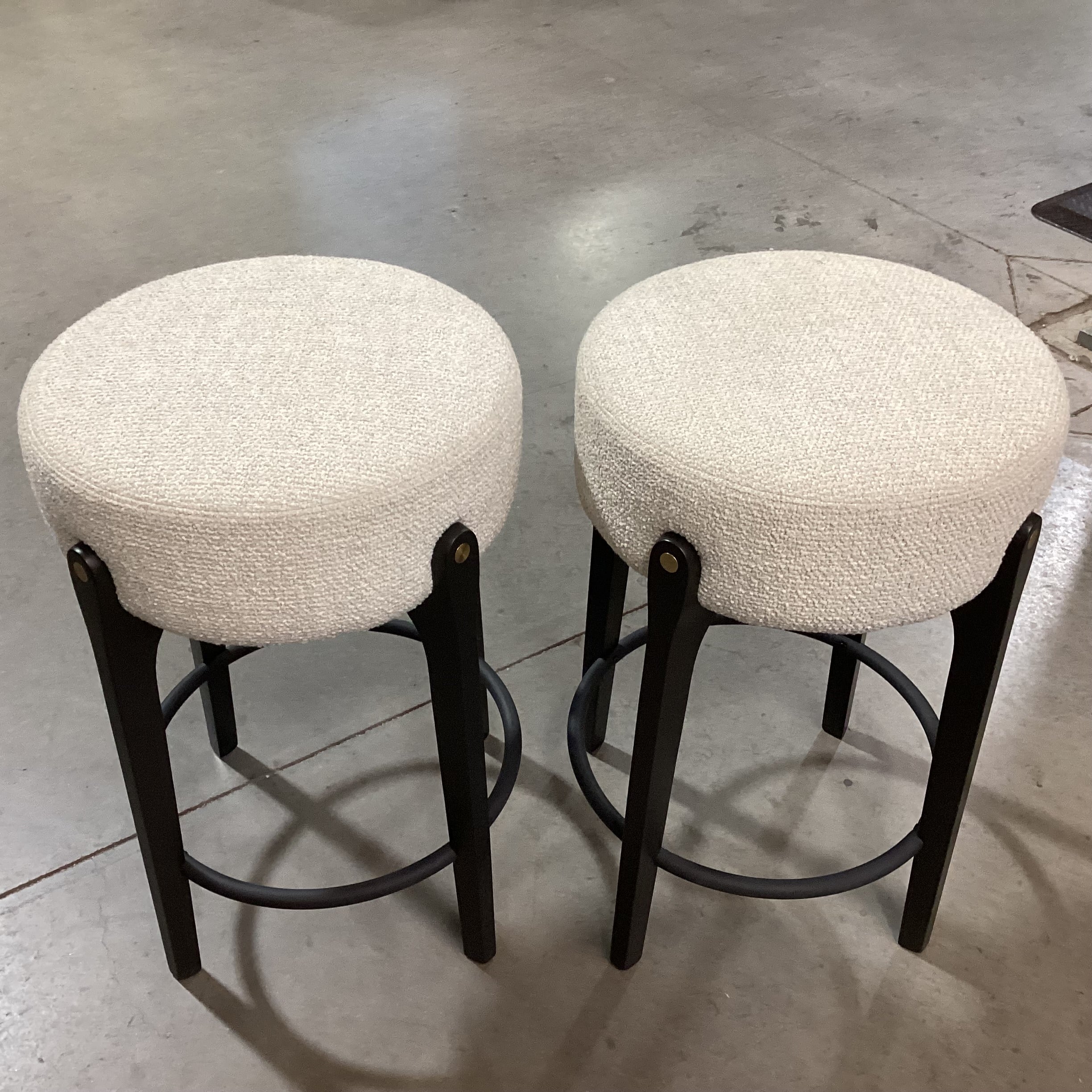SET of 2 Arhaus Bottoni Italian BoucleDark Finish Wood & Metal with Brass Accent Bar Stools 24"