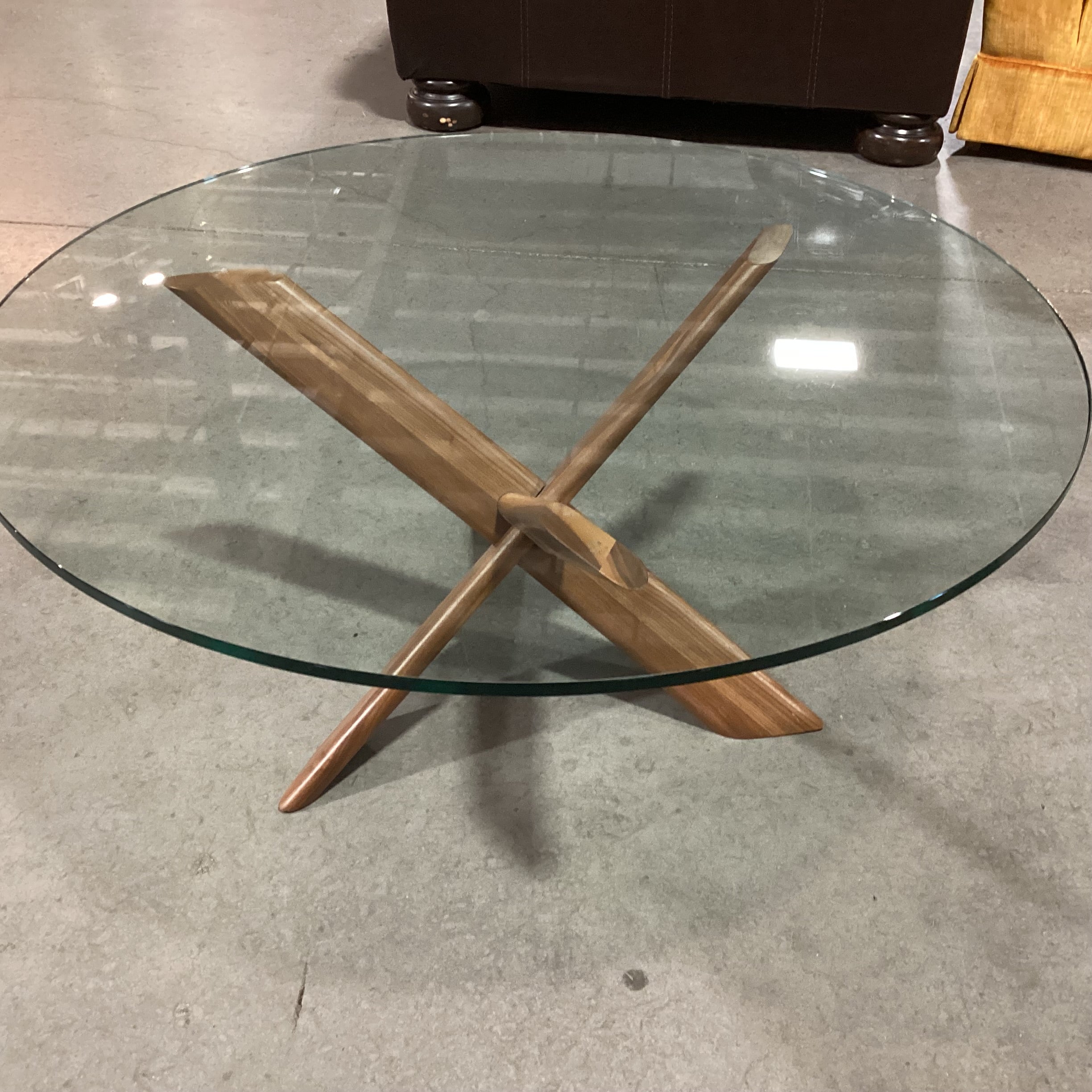 Mid Century Modern Style Walnut with Round Glass Coffee Table 36" Diameter x 15"