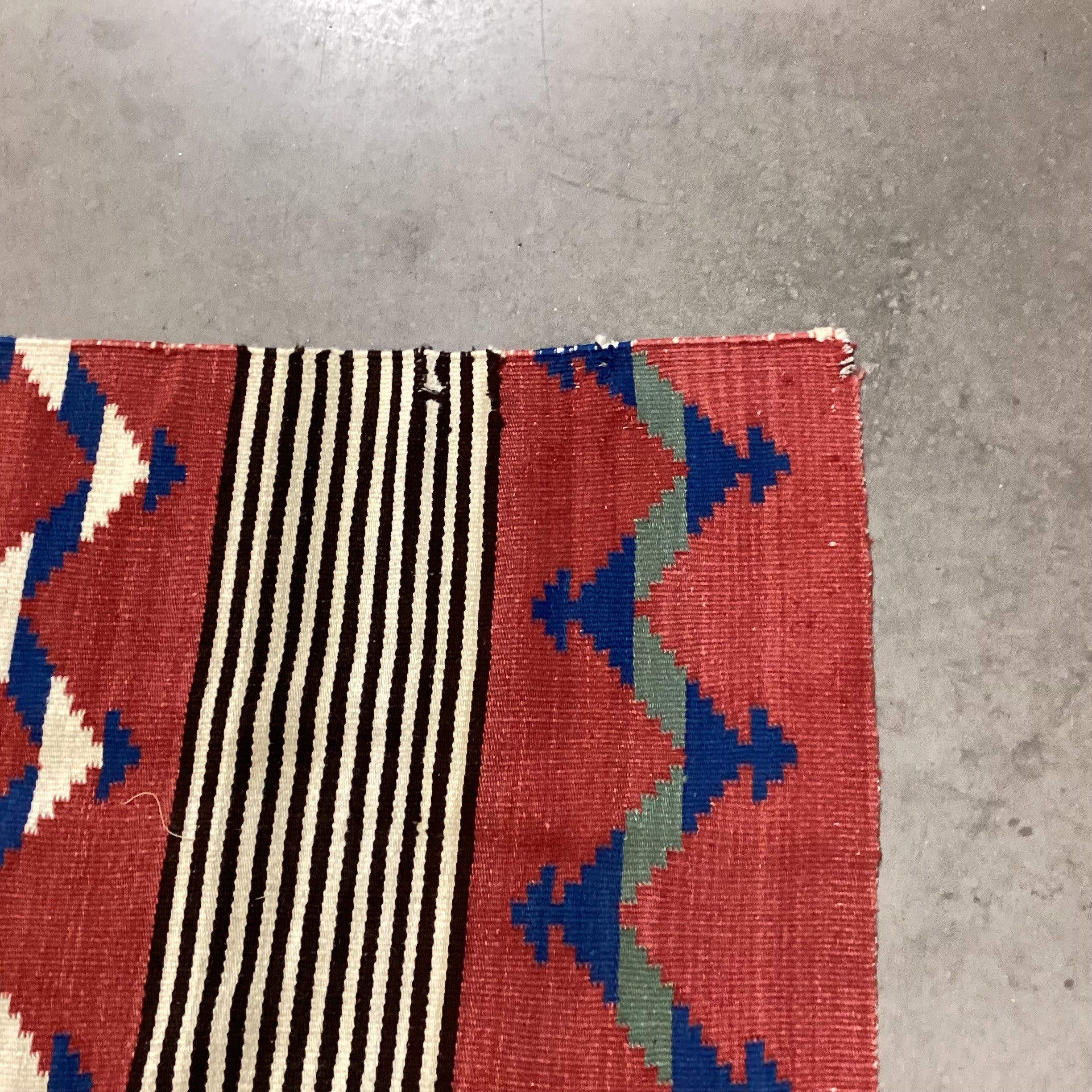 Vintage Red Black Blue Hand Woven Wool Rug 3'7"x 4'7"