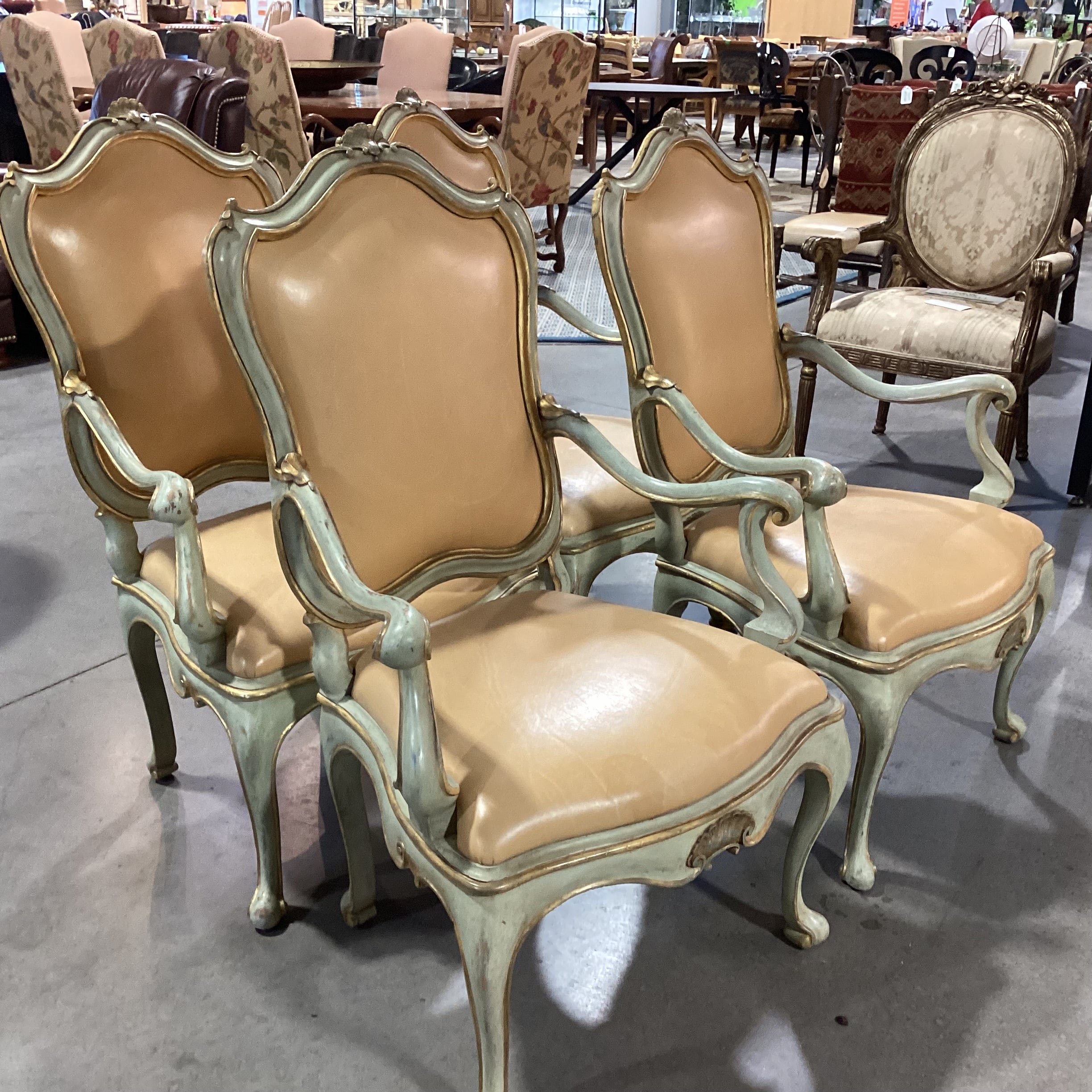 SET of 4 French Provincial Ornate Carved Wood with Gilded Accent & Leather Dining Chairs 26"x 26"x 42"