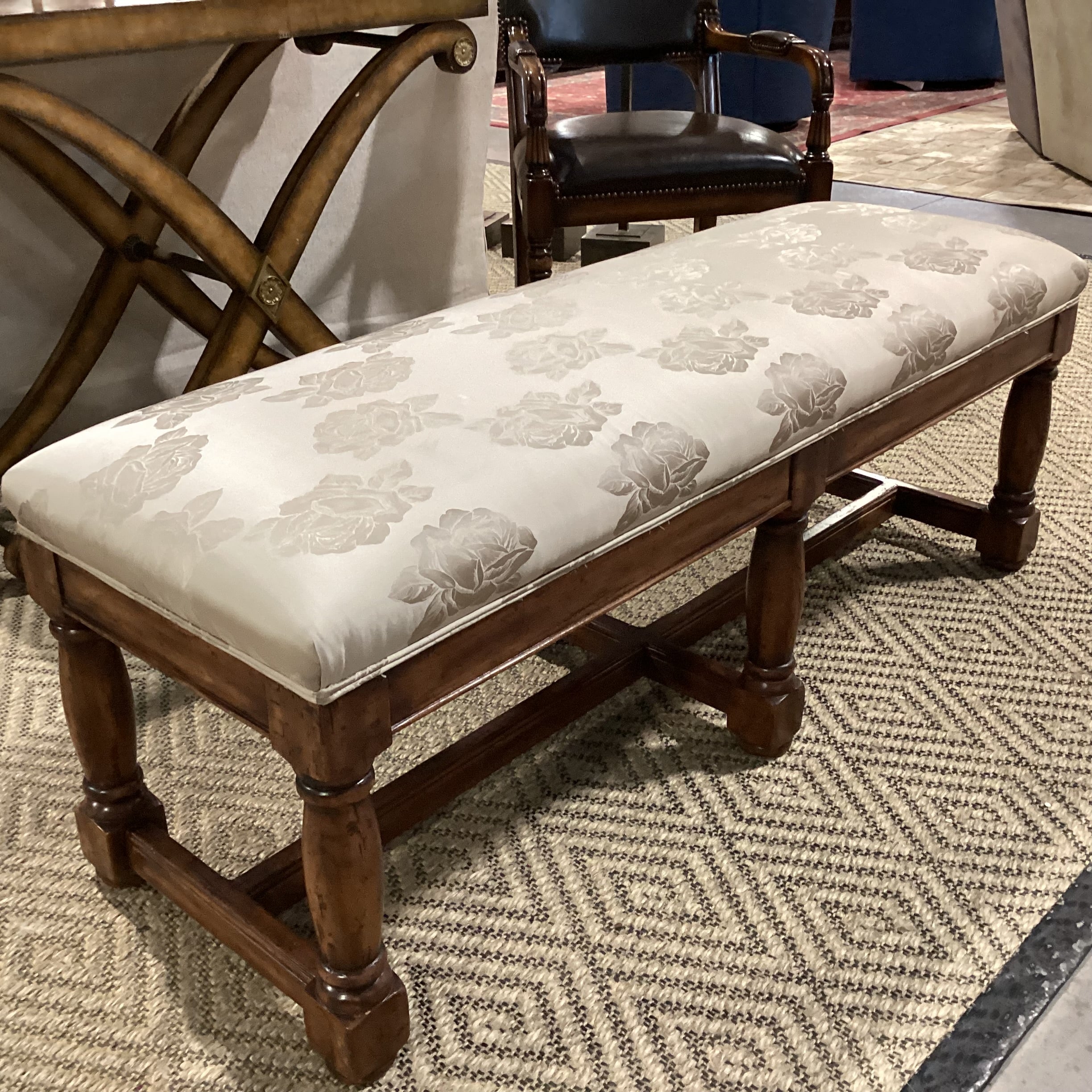 Taupe & Gold Satiny Roses & Carved Wood Bench 55"x 19"x 21"