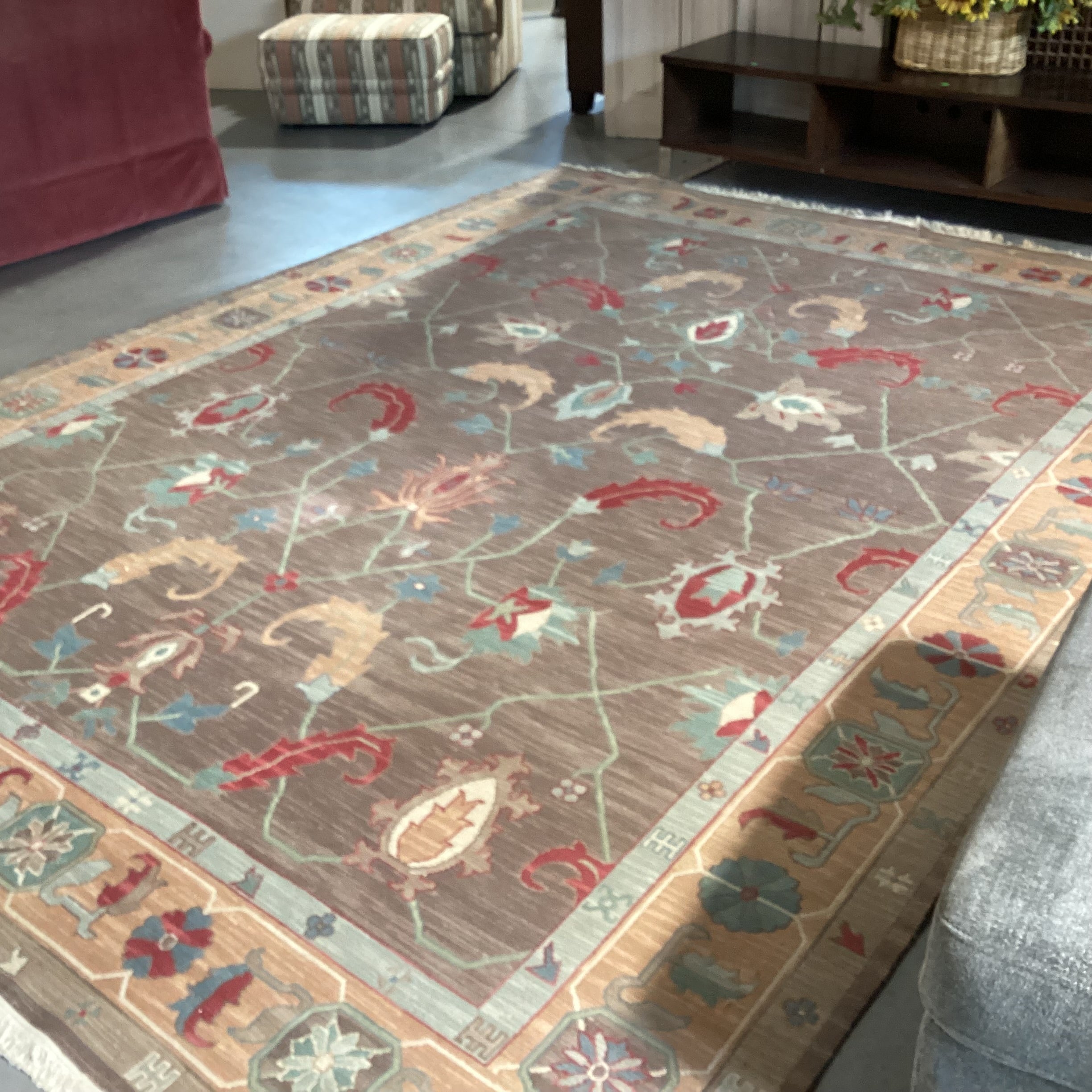 Taupe Peach Red & Teal Floral with Border Hand Woven Wool Rug 9'1"x 12'1"