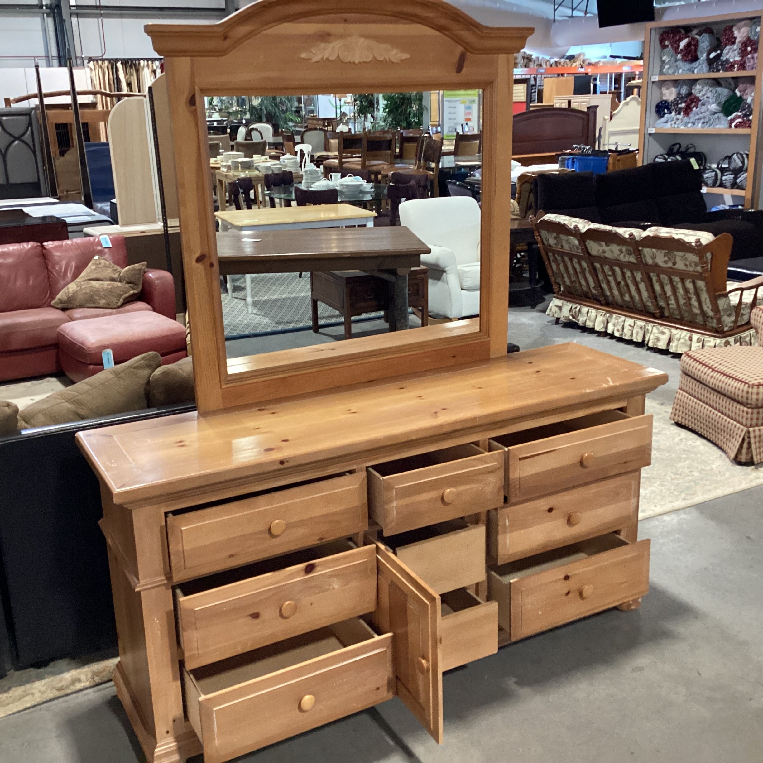 Bassett Distressed Light Pine 9 Drawer with Mirror Dresser 70"x 19"x 80"