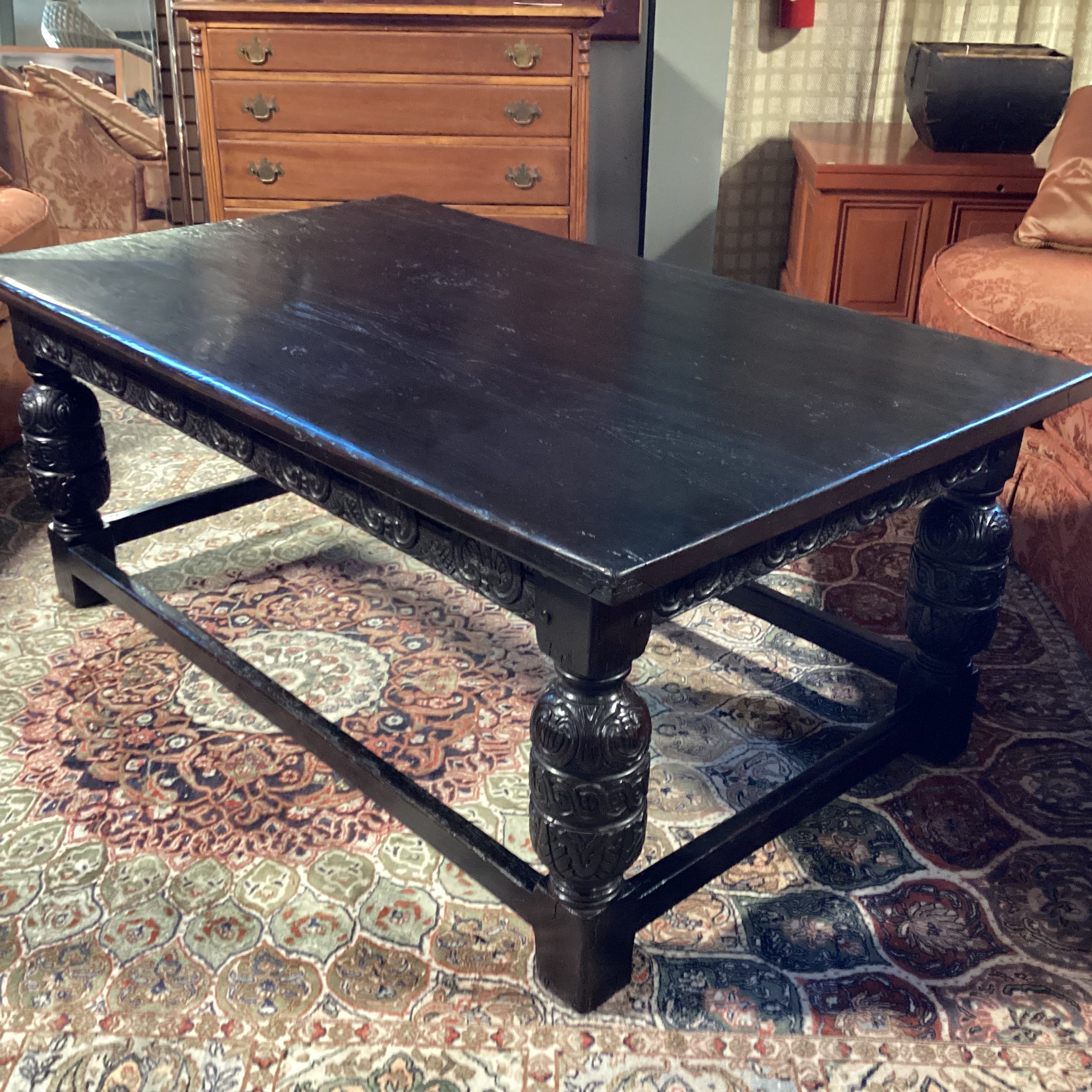 Antique Black Finish Ornate Carved Wood Coffee Table 60"x 36"x 24"