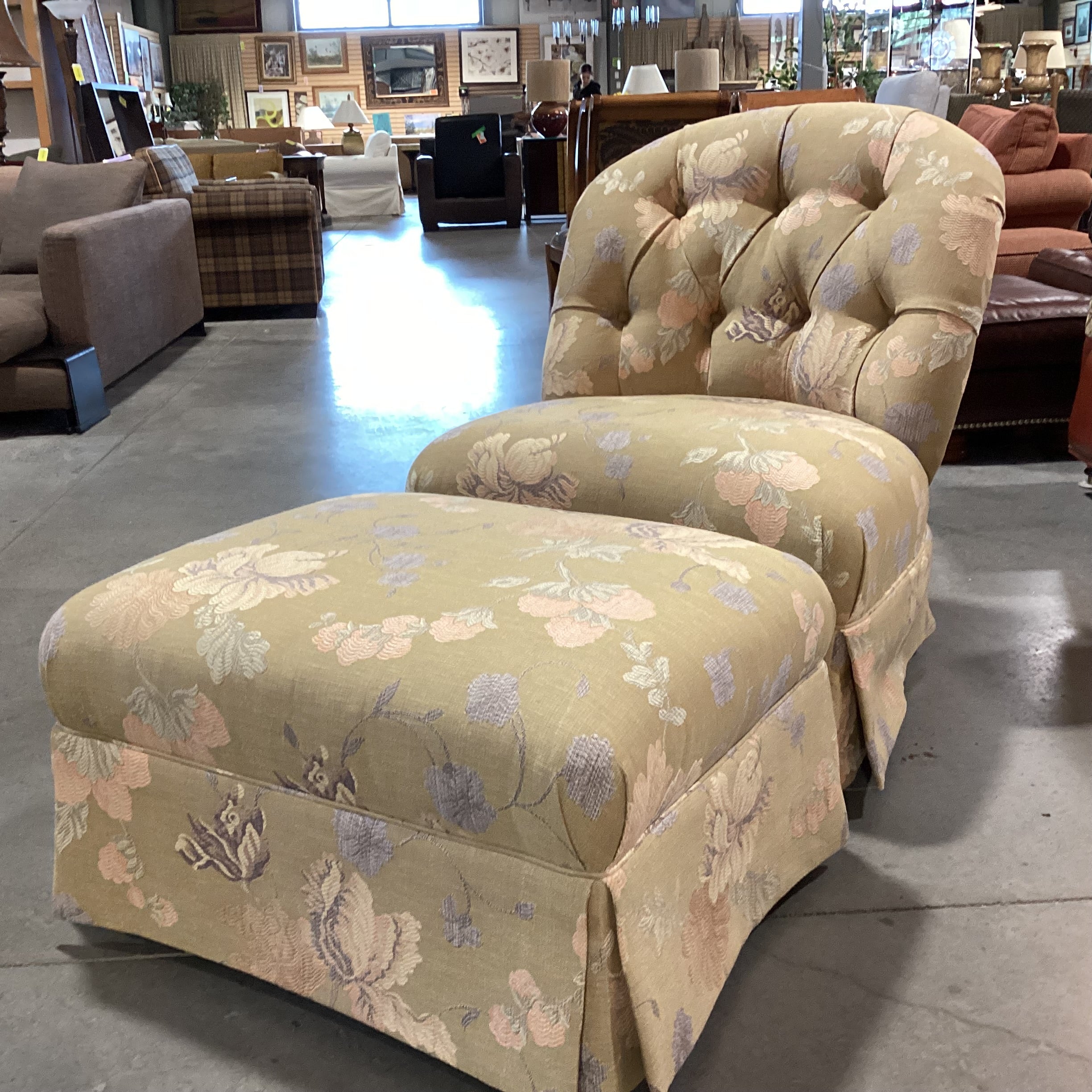 Custom Gold with Peach & Lavender Raised Stitch Floral Button Tufted with Ottoman Chair  31"x 34"x 35"