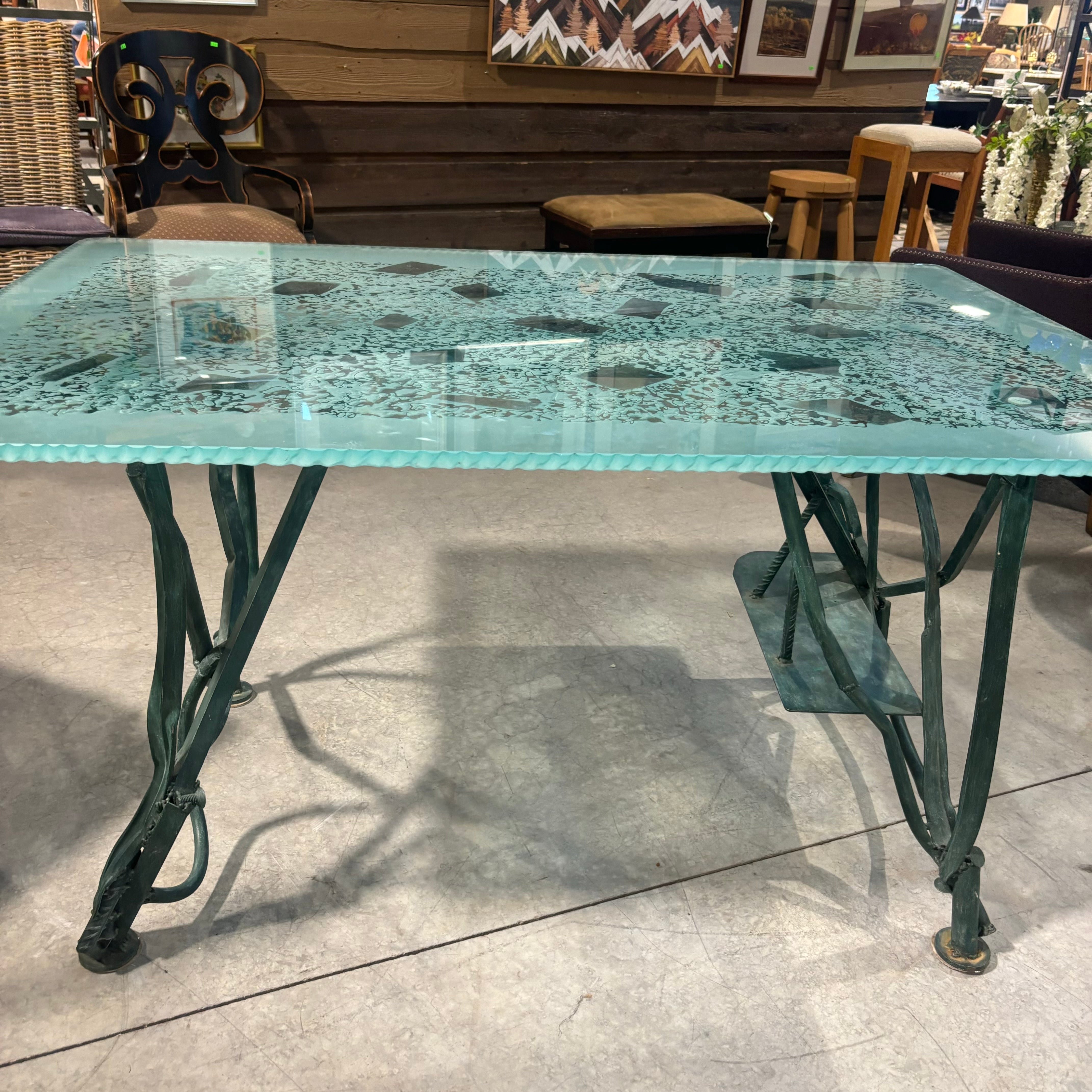 Marco De Gueltzl Patina Ornate Steel Base with Frosted Engraved Top Desk  60"x 40"x  30.5"