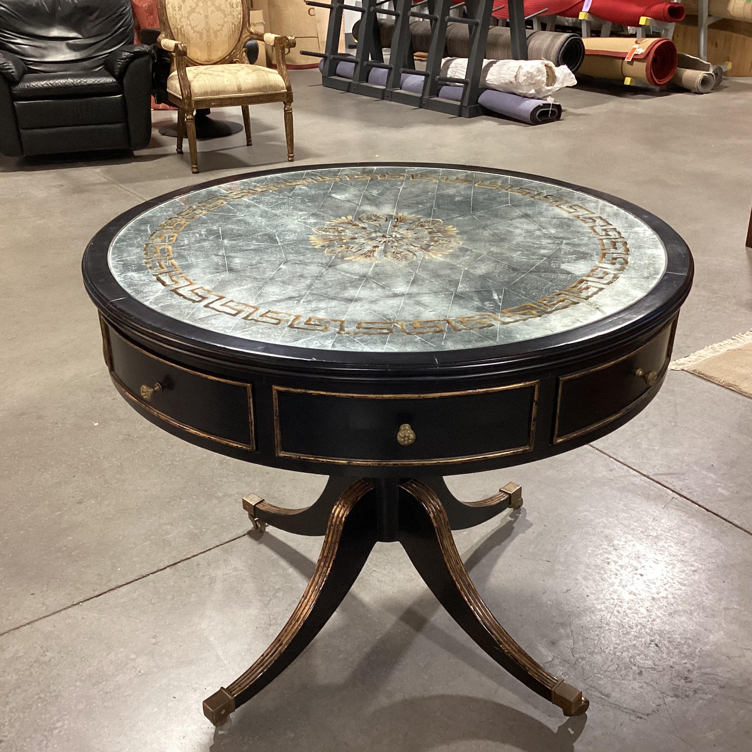 Black Gilded Gold Accent Wood & Gold Silver Antiqued Glass Top 4  Drawer with Casters Accent Table 37" Diameter x 30.5"