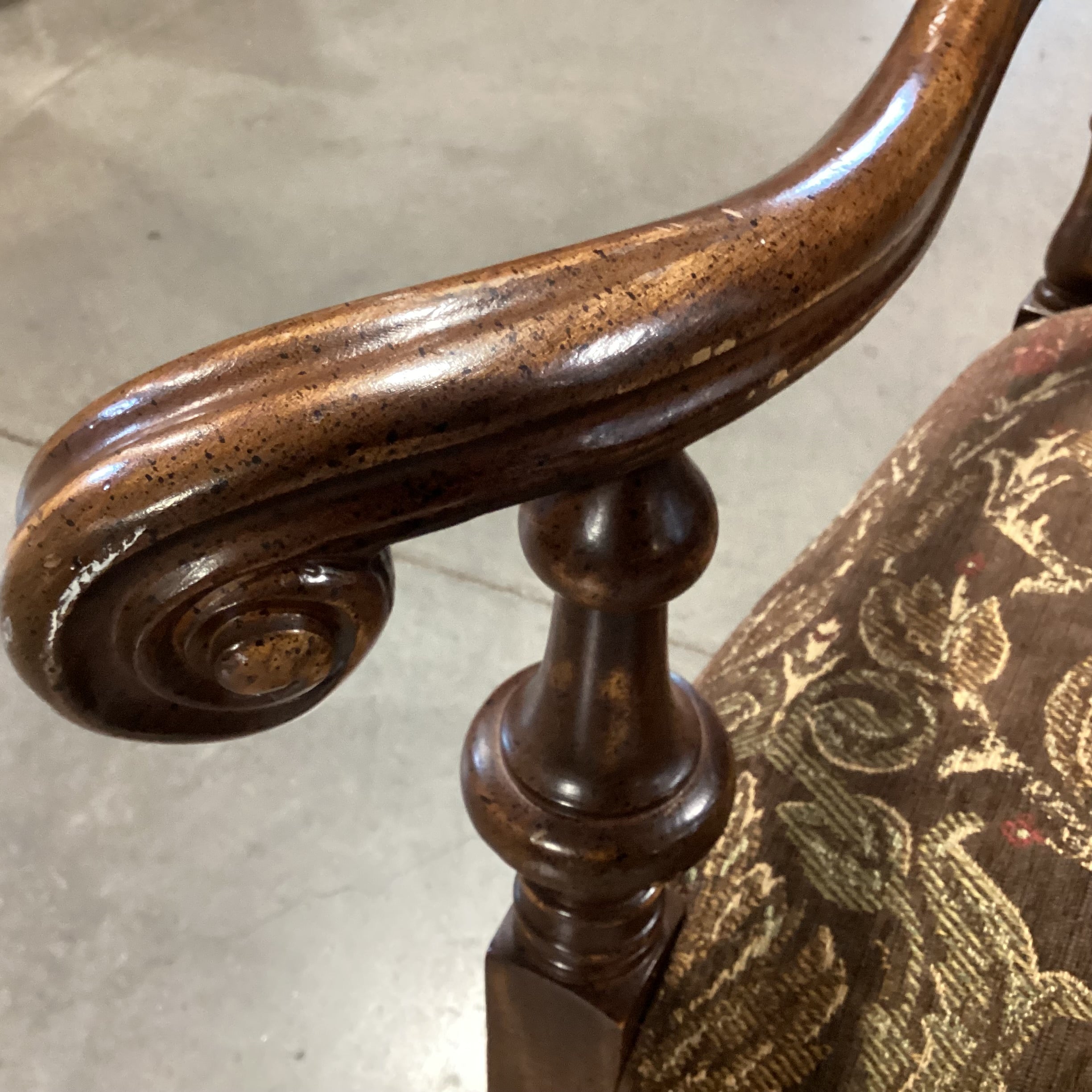 Wesley Hall Ornate Carved Wood & Brown Gold Floral Chair 33"x 33"x 53"