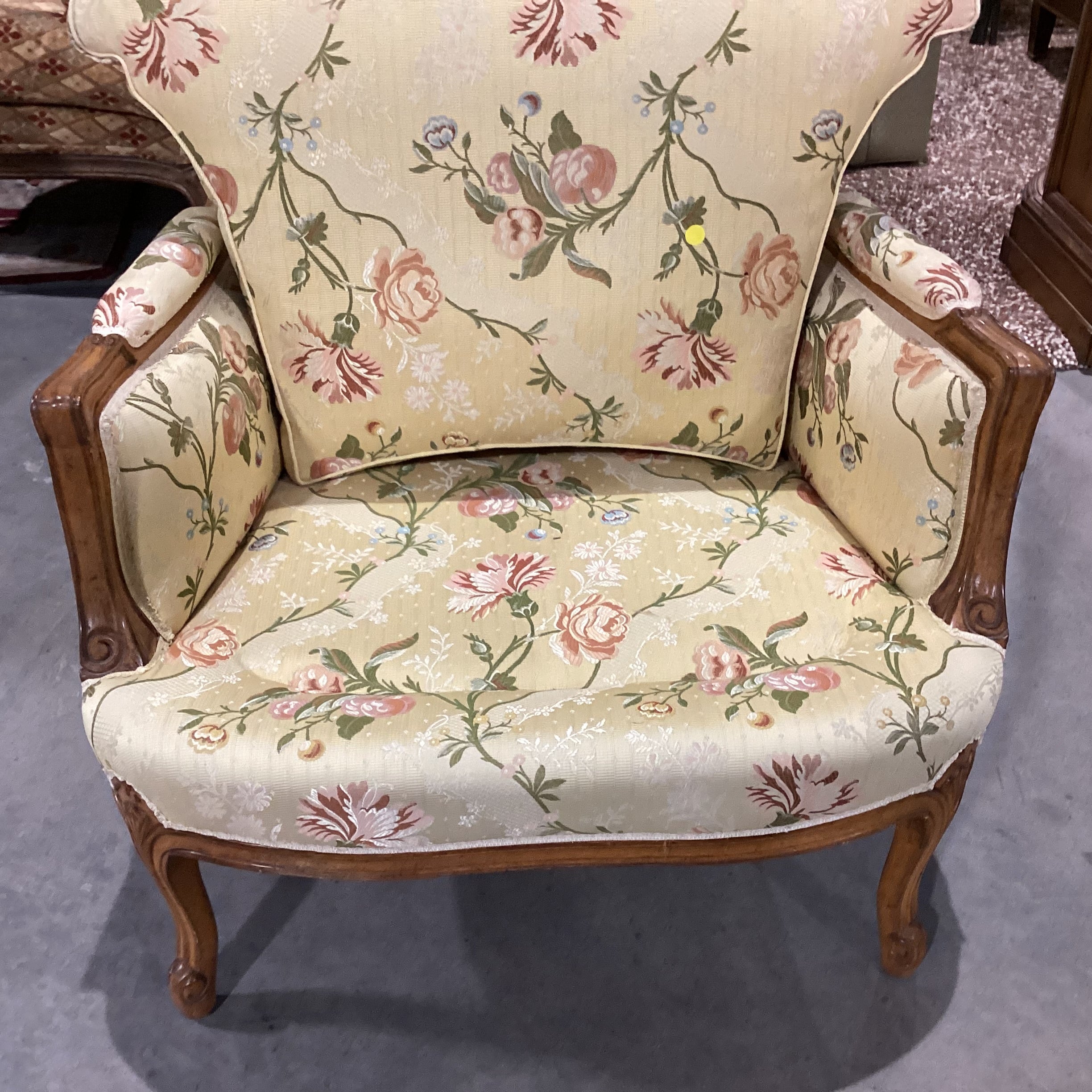 French Provincial Style Carved Wood with Yellow Floral Upholstery Chair 33"x 34"x 37.5"