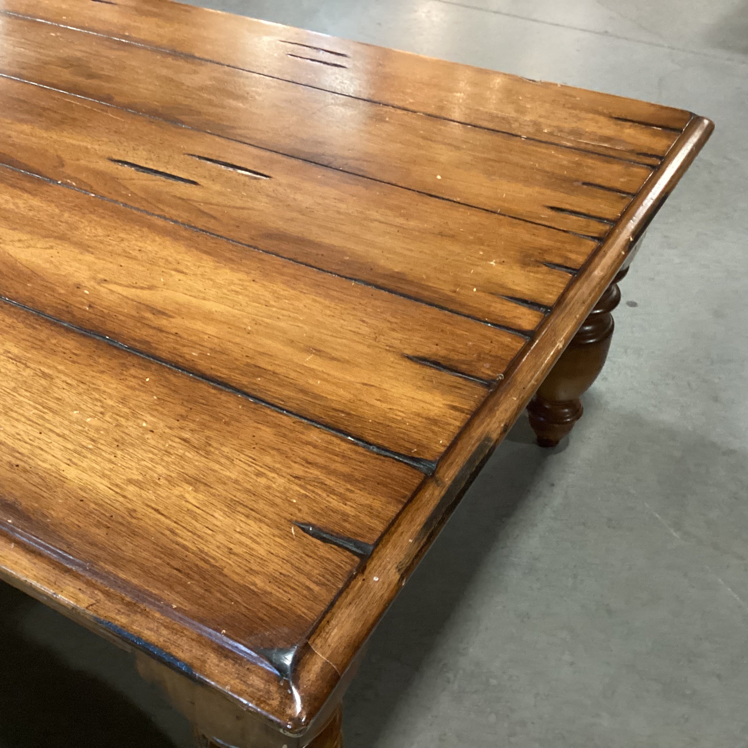 Distressed Finish Carved Wood Coffee Table 50"x 34"x 19"