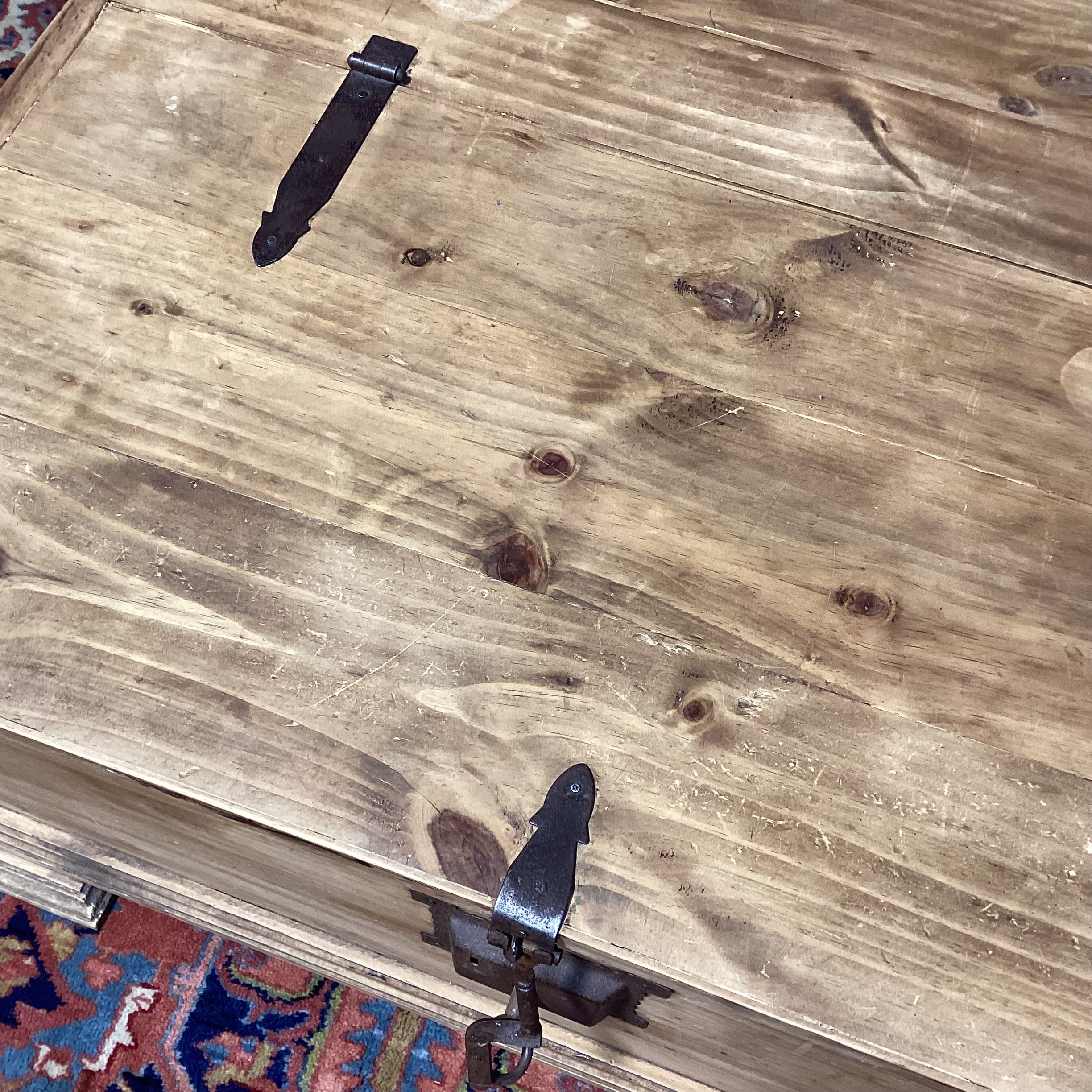 Rustic Pine with Iron Accent Trunk Style with 2 Lift Door Top Storage Coffee Table 41.5"x 43.5"x 18.5"