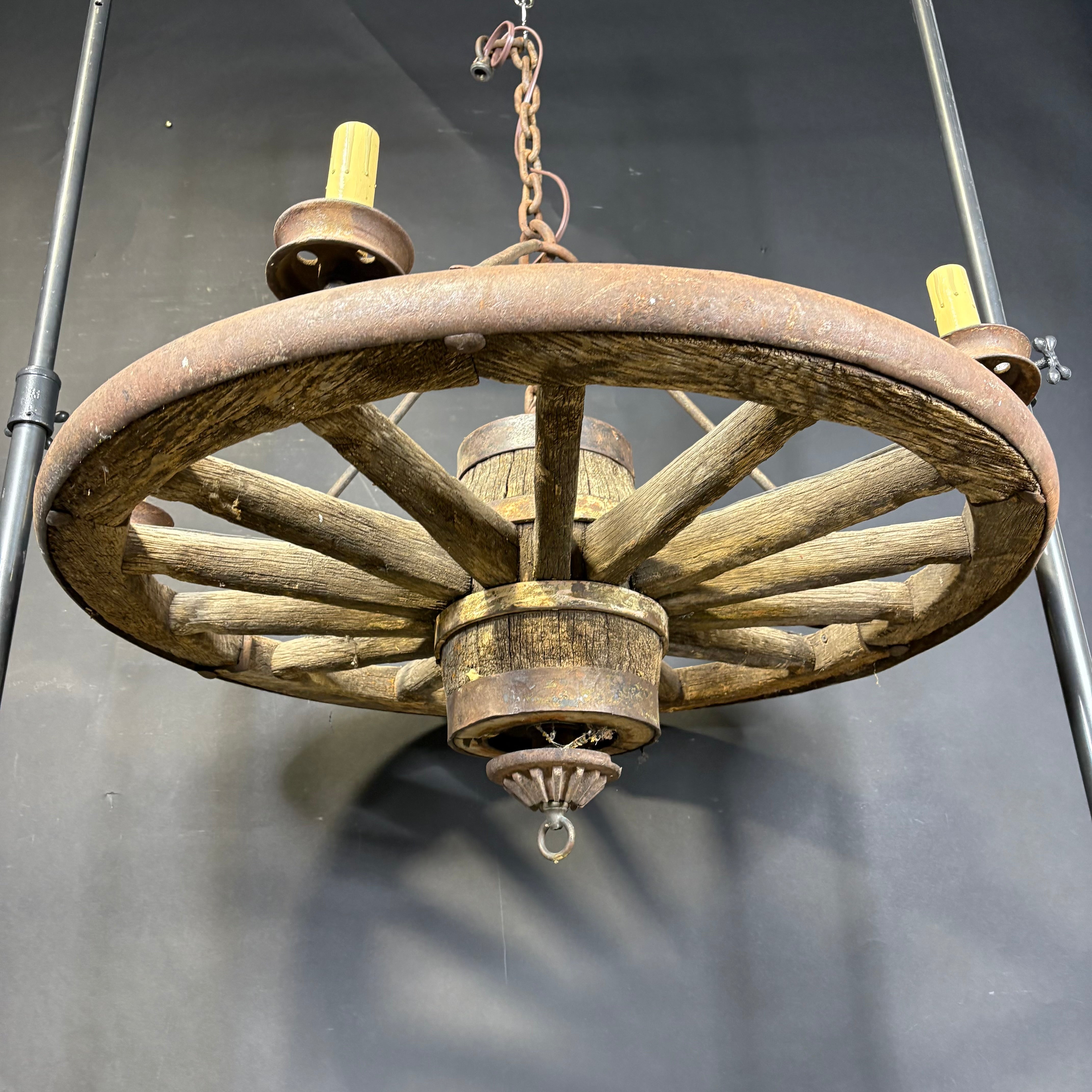 Antique 5-Light Wood and Iron Wagon Wheel Chandelier 37” Diameter x 45”